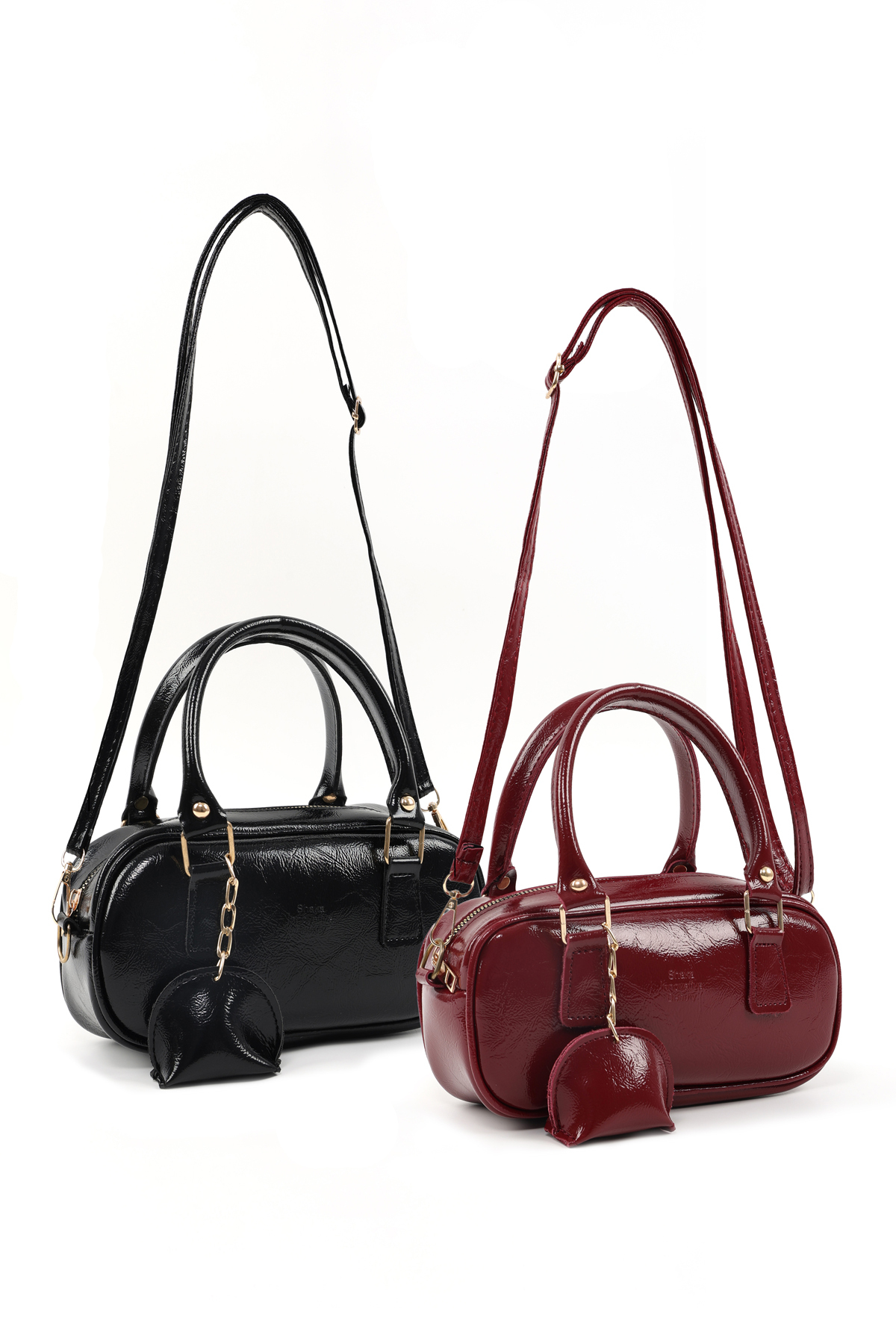 Shaka  Kırışık Dokulu Siyah/Kırışık Dokulu Bordo SHK295 Suni Deri ,2'li El, Kol Ve Omuz Çanta Seti (SHK207)