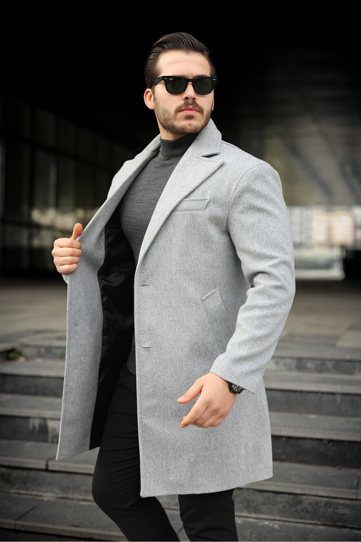 Slim Fit Astarlı Uzun Kaşe Kaban — خاکستری YeniUseKaban — تصویر 2 از 4