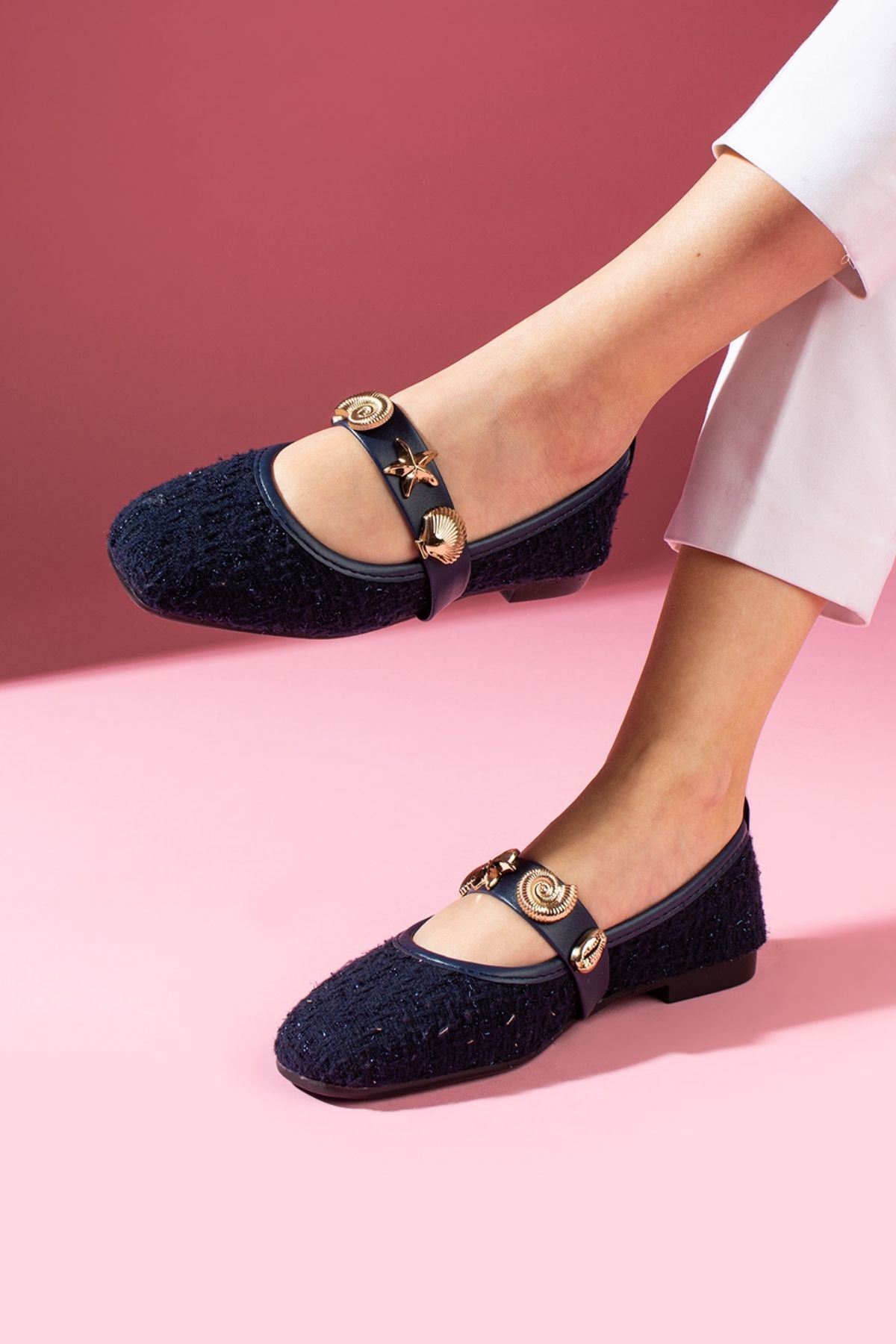 FUGA MODA  Veneta Lacivert Simli Kumaş Deniz Kabuğu Yıldız Aksesuar Bantlı Babet - Görsel 3