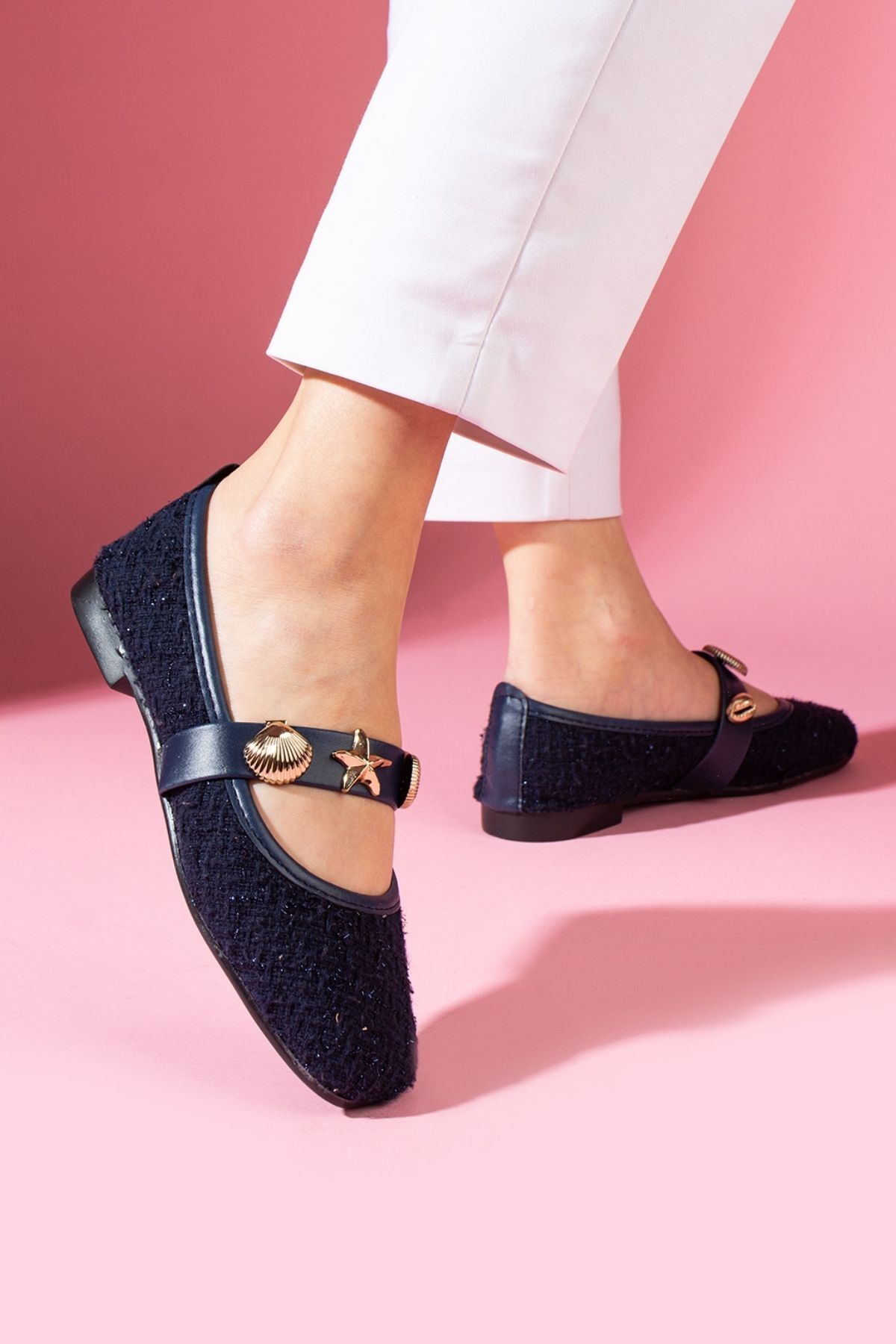 FUGA MODA  Veneta Lacivert Simli Kumaş Deniz Kabuğu Yıldız Aksesuar Bantlı Babet - Görsel 5