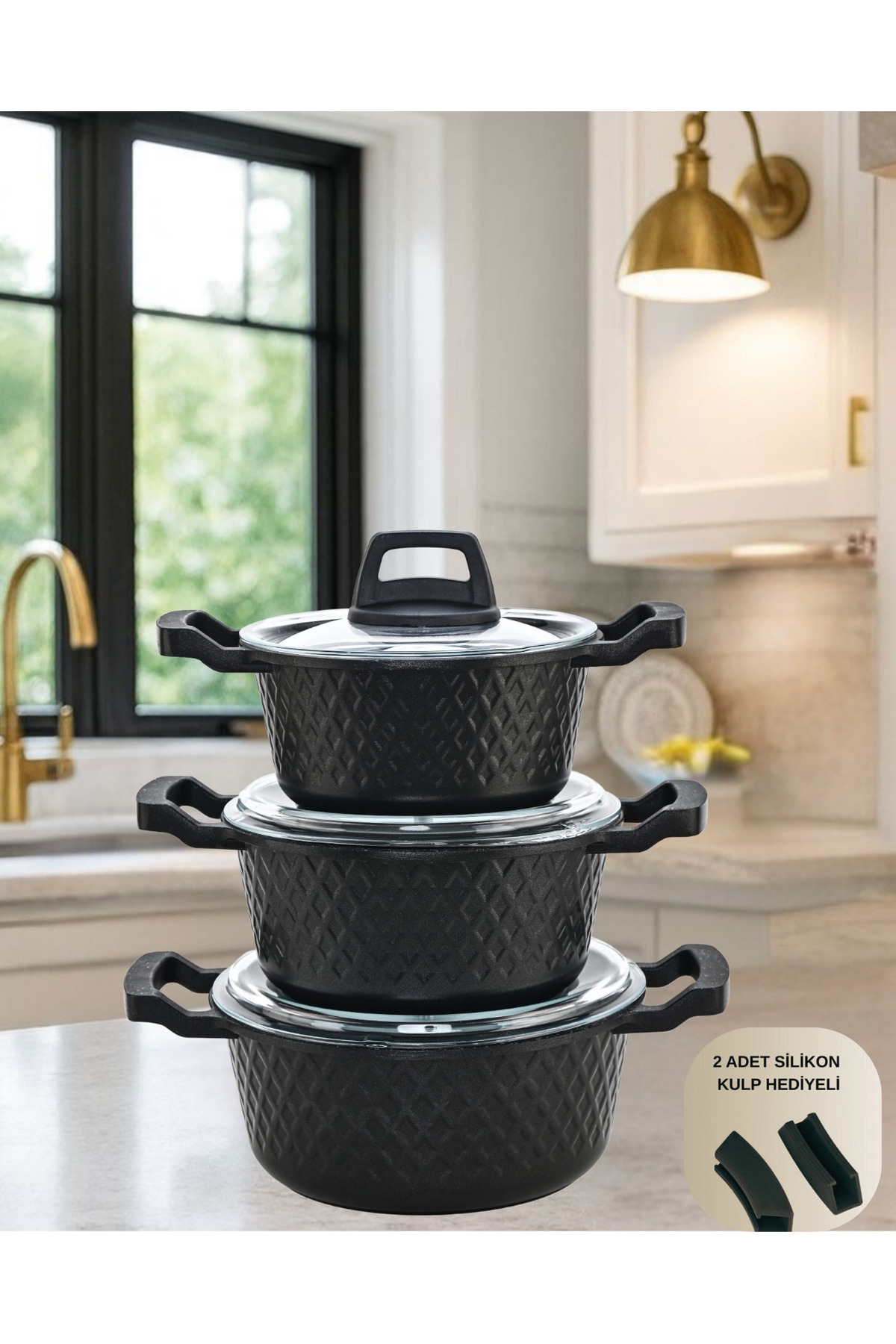 LAVONNI OBSIDYEN 6 Parça Döküm Granit Tencere Seti - Siyah 16/18/20 Cm