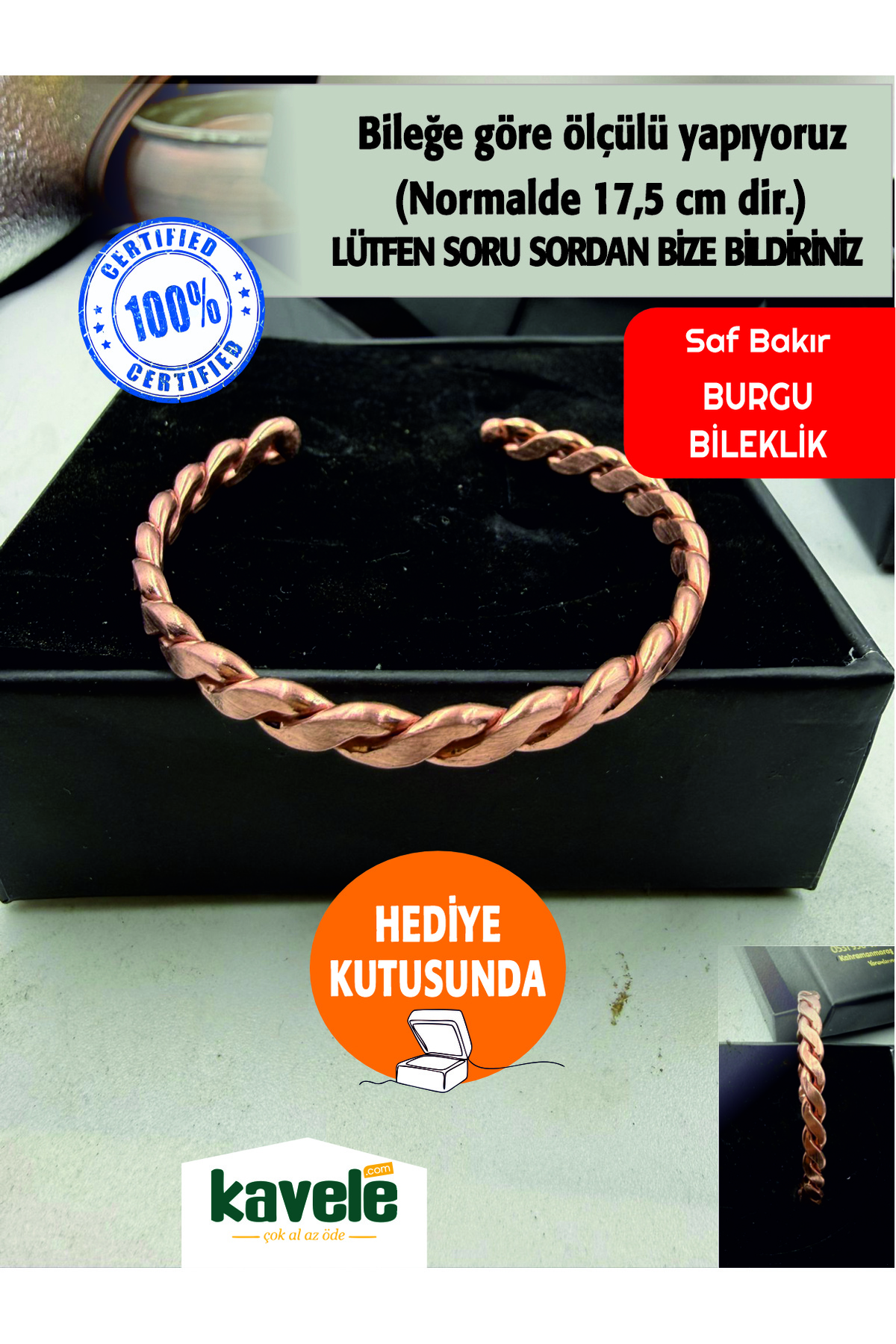 Ham saf bakır Gerçek El Burgulu Bakır Bileklik--Hediyelik Kutuda