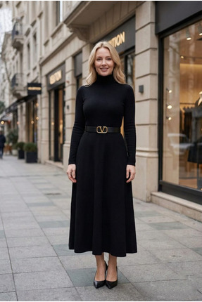 CİHANGİR BUTİKA Kadın Uzun Kollu Balıkçı Yaka Akrilik Elbise