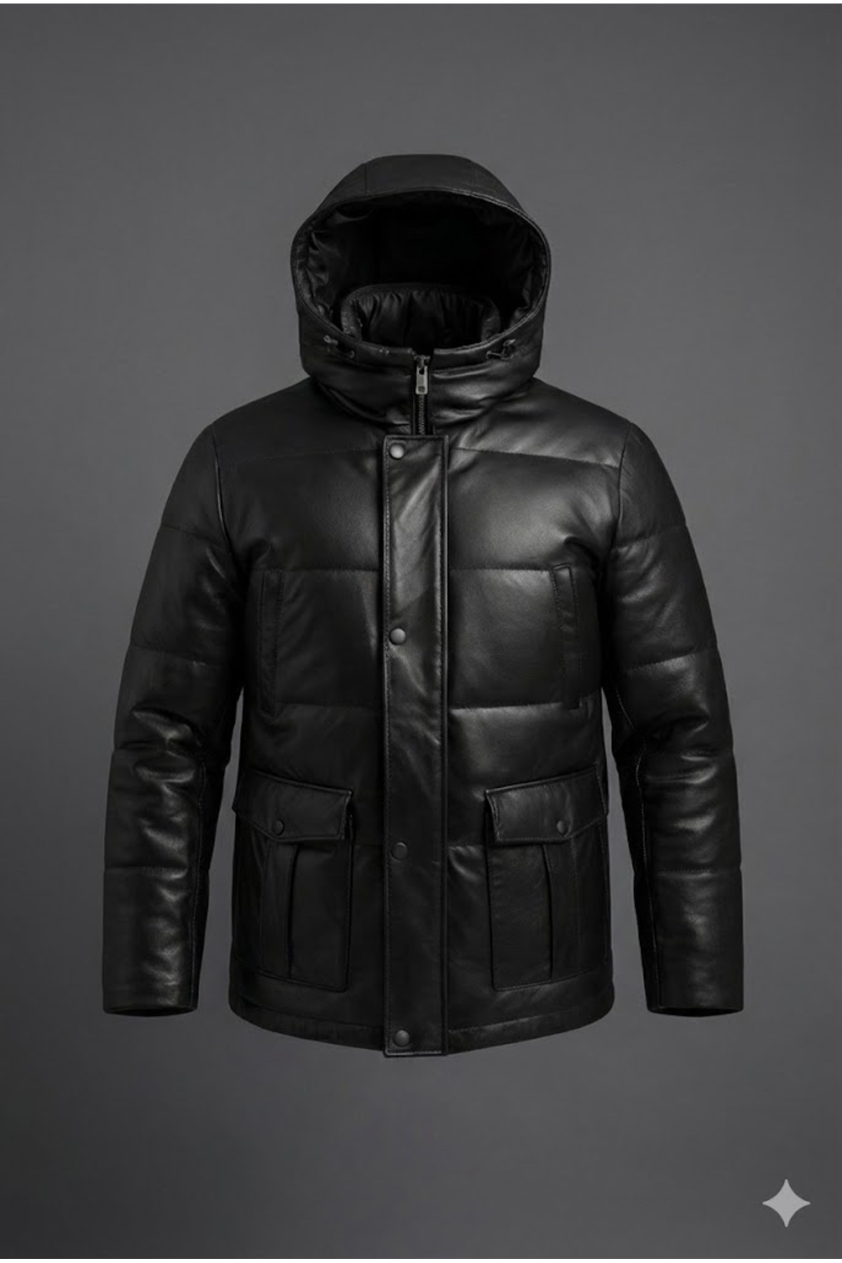 Verra  Erkek Siyah Hakiki Deri Kapüşonlu Şişme Mont - Premium Kışlık Parka