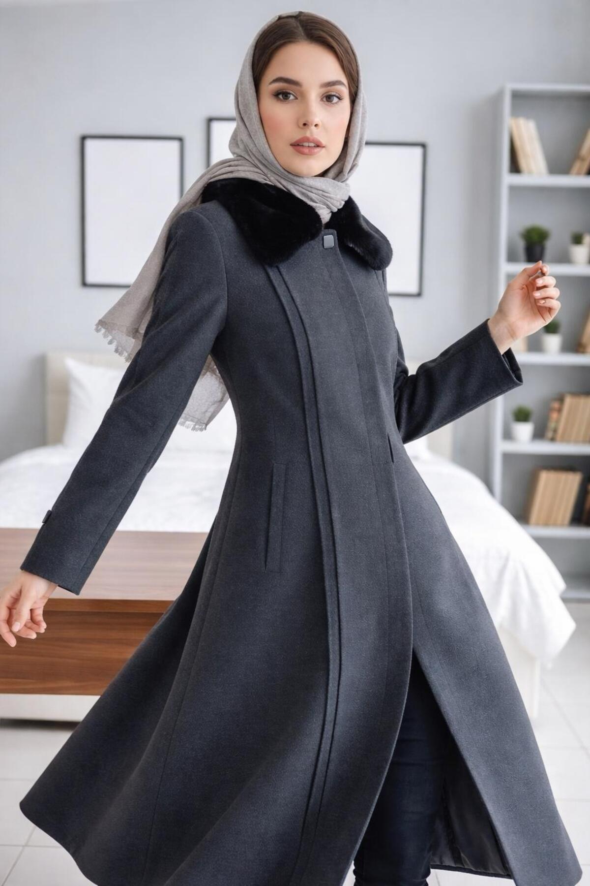 ESİN GİYİM  Yakası Çıkarılabilir Kürklü Büyük Beden Kaşe Palto - Görsel 3