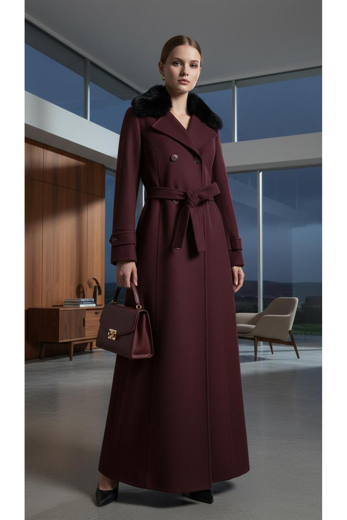 ESİN GİYİM  Kürk Yakalı Kruvaze Kaşe Manto- Old Money Tarz - Görsel 3