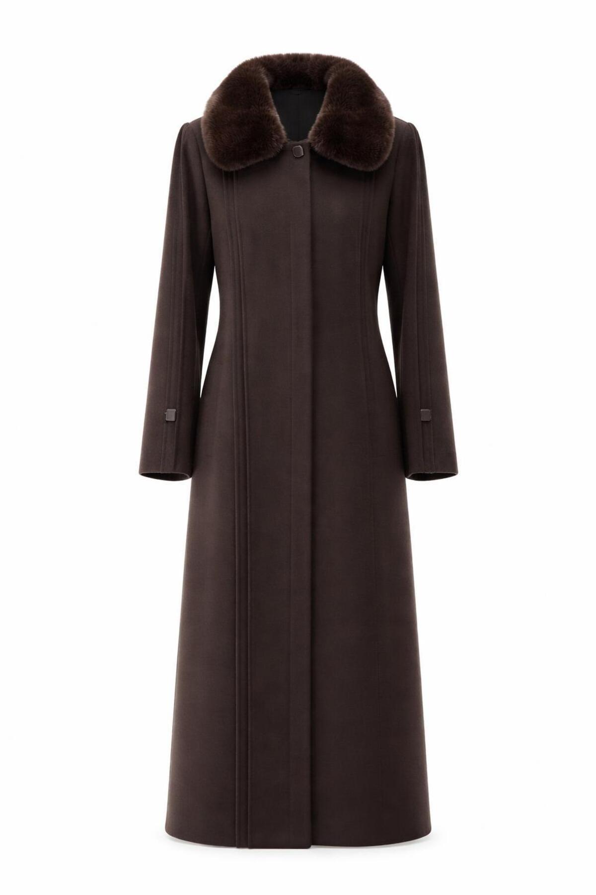 ESİN GİYİM  Yakası Çıkarılabilir Kürklü Büyük Beden Kaşe Palto