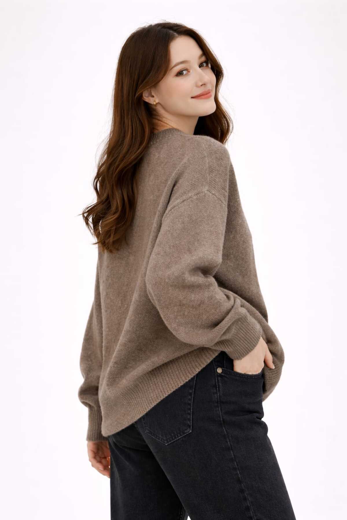 UZÇE MODA  Vizon Renk Bisiklet Yaka Oversize Kadın Triko Kazak - Görsel 2