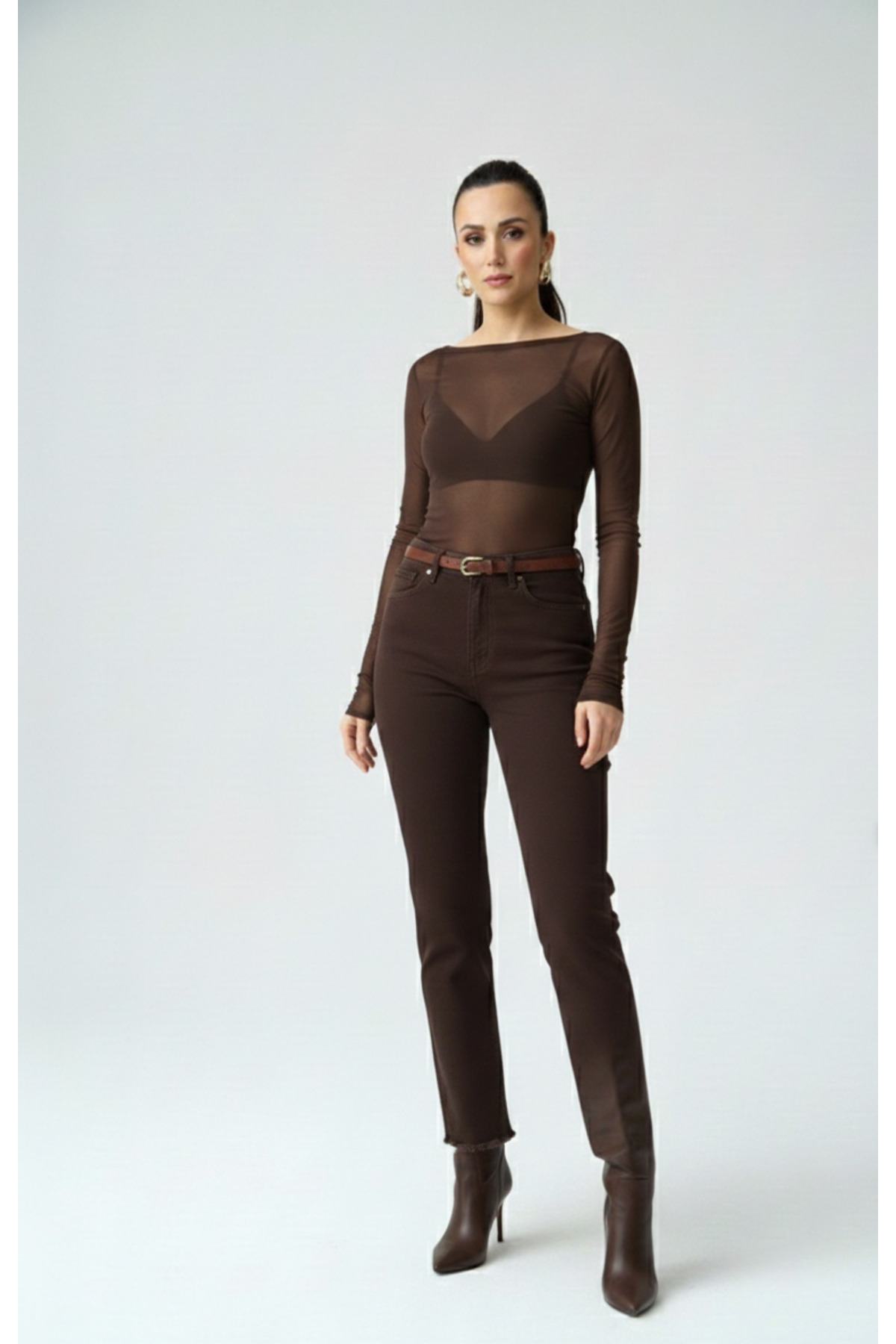 SONGÜLBERİK  Kadın Koyu Kahve Klasik Kesim Jean Pantolon - Görsel 3