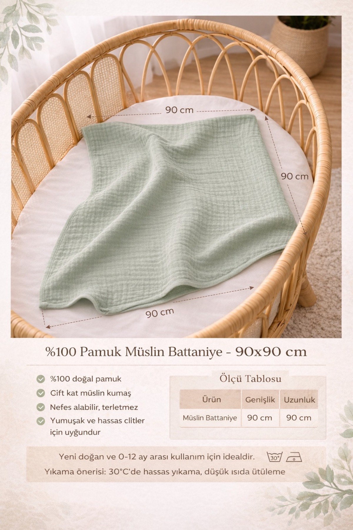 Mai Perla 4 Kat Müslin Organik Pamuk 90x90 Naturel Bebek Çocuk Battaniye fotoğrafı 6 (önizleme)