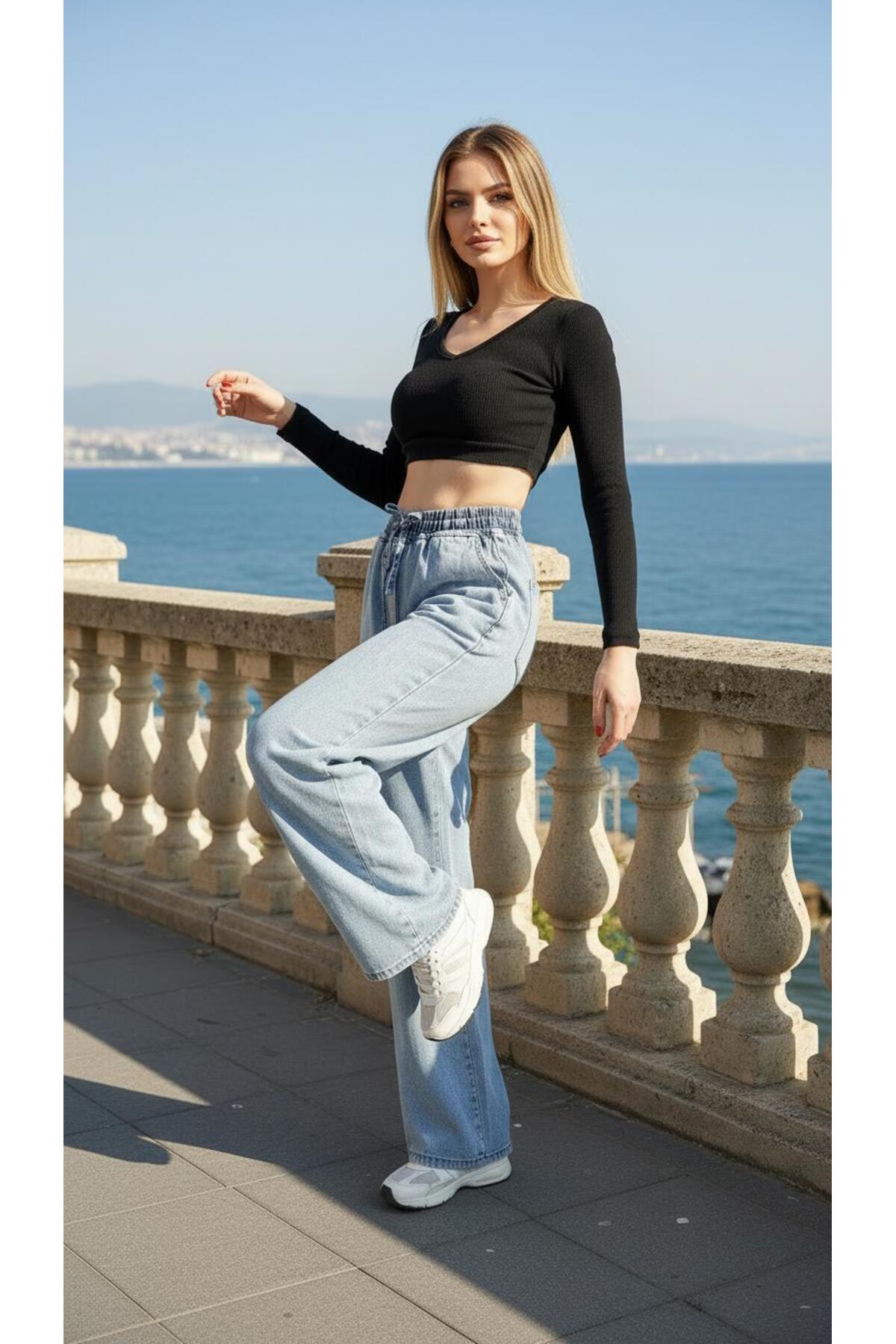 geenz manifacture  Beli lastikli Yüksek Bel Bağcıklı Geniş Paça Kot Pantolon %100 Cotton (Tesettüre Uygun) - Görsel 2