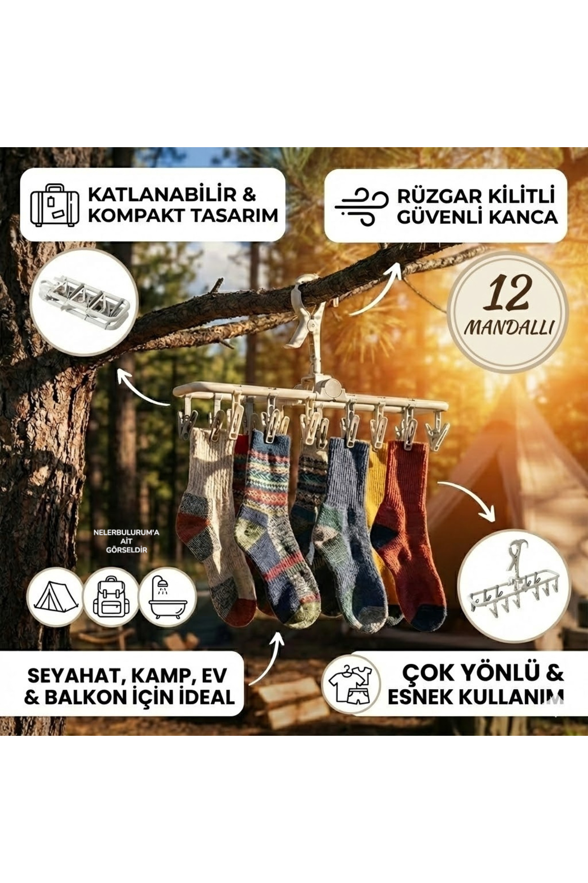 nelerbulurum 12 Mandallı Katlanabilir Rüzgar Kilitli Kancalı Çamaşır kurutma Bebek İç Çamaşırı Çorap Askısı fotoğrafı 3 (önizleme)
