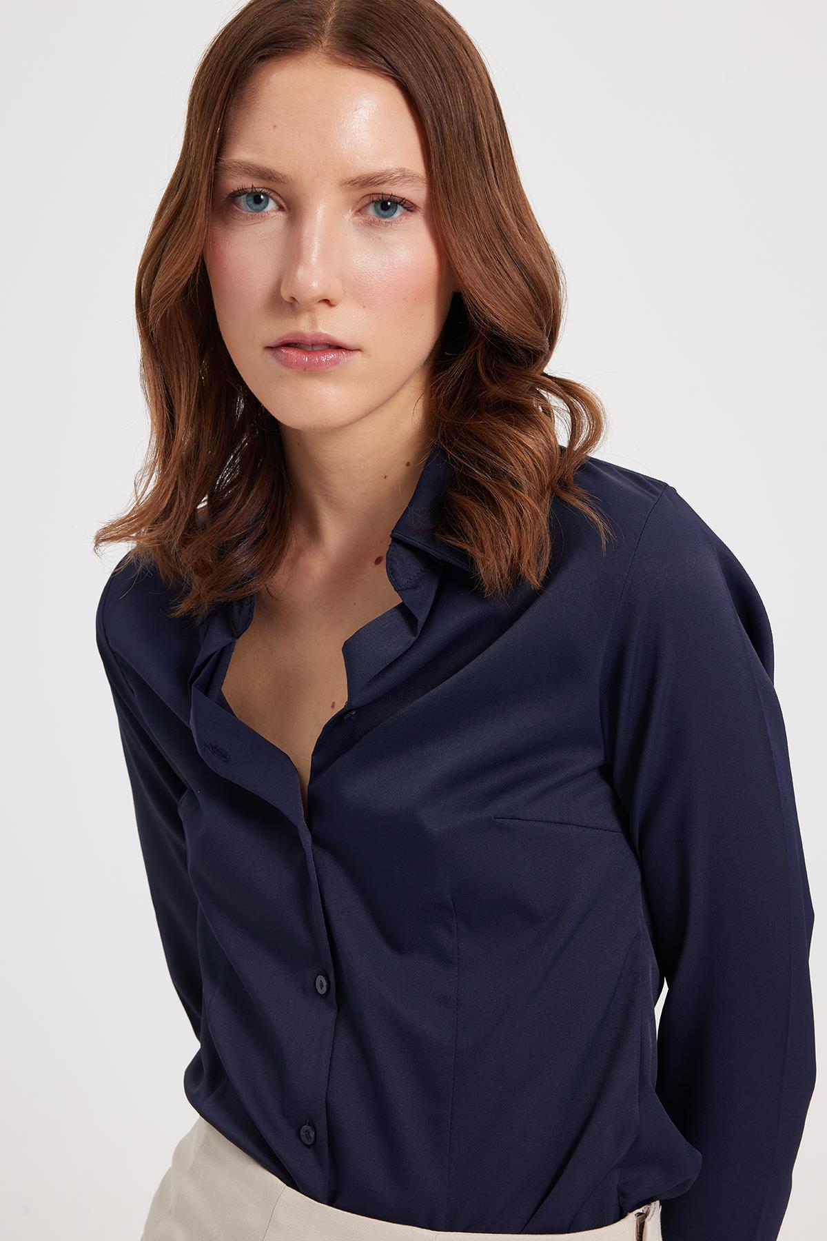 Tudors  Kadın Slim Fit Dar Kesim Klasik Yaka Uzun Kollu Lacivert Gömlek - Görsel 7