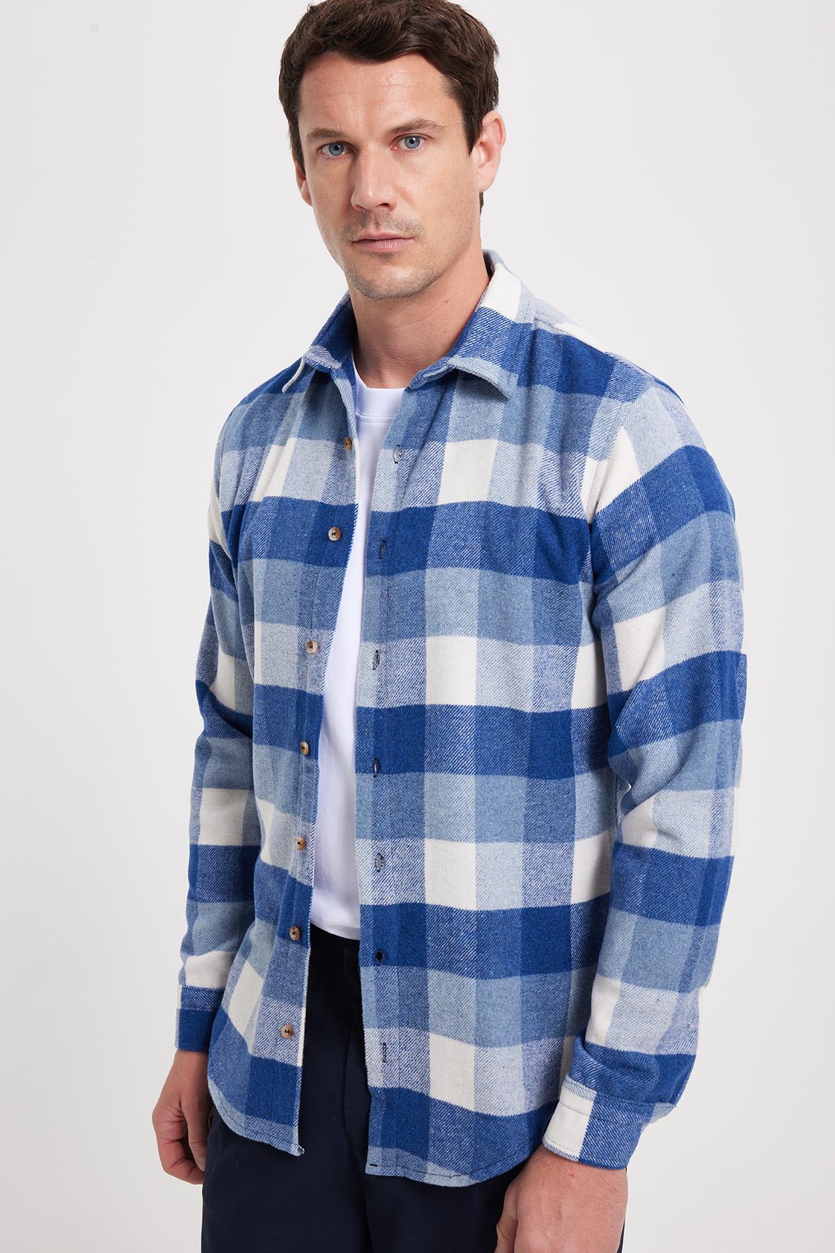 Erkek Slim Fit Dar Kesim Kareli Kışlık Oduncu Gömlek — آبی DR250028-3148 — تصویر 7 از 8