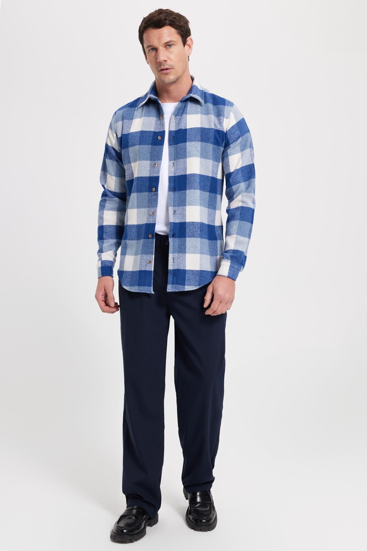 Erkek Slim Fit Dar Kesim Kareli Kışlık Oduncu Gömlek — آبی DR250028-3148 — تصویر 2 از 8
