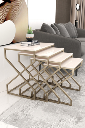 Dekoport Ela 4lü Zigon Sehpa Yan Sehpa Metal Ayak Pirinç Eskitme Rengi Mdf Me...