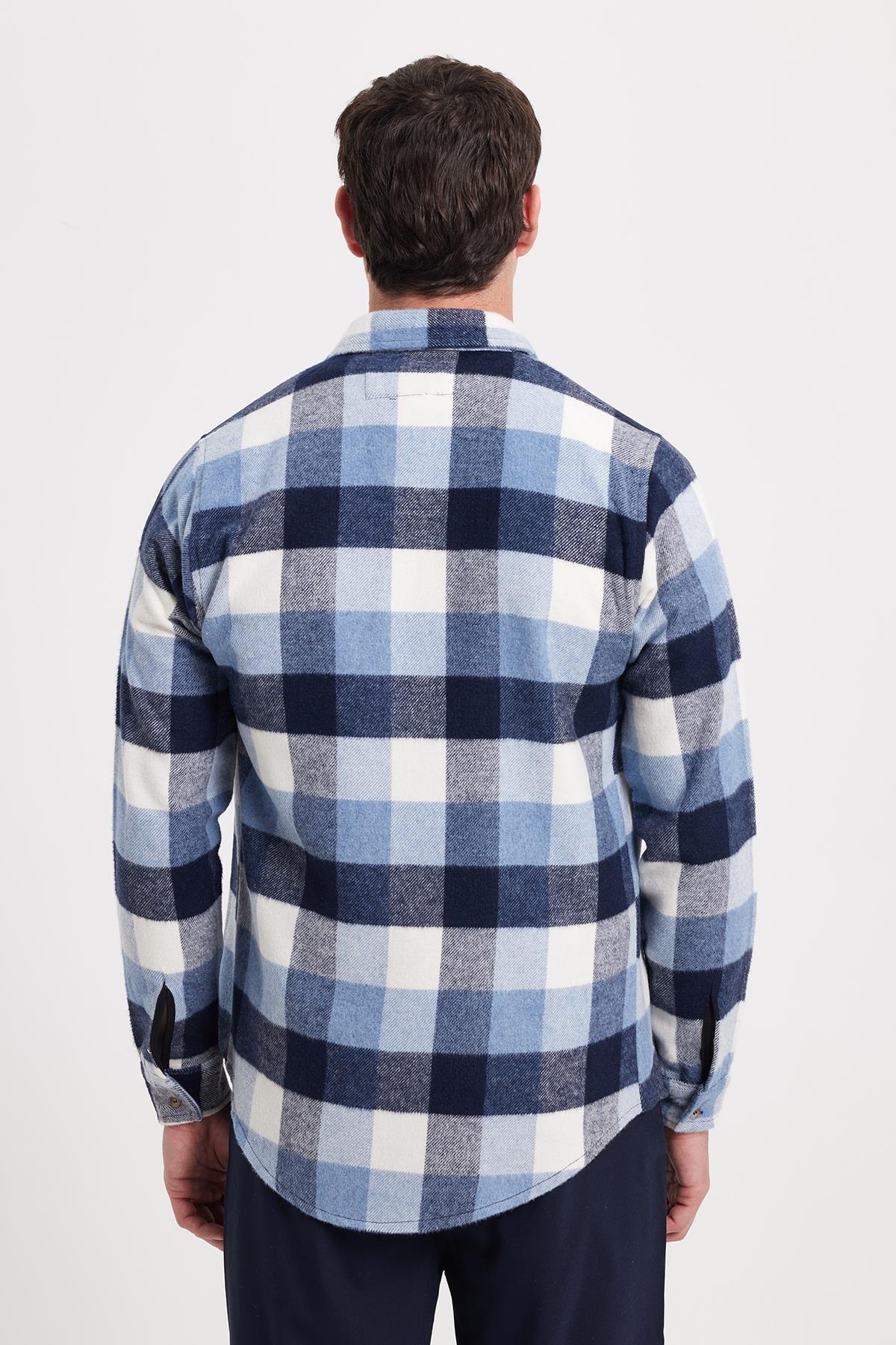Erkek Slim Fit Dar Kesim Kareli Kışlık Oduncu Gömlek — آبی DR250028-3129 — تصویر 7 از 9