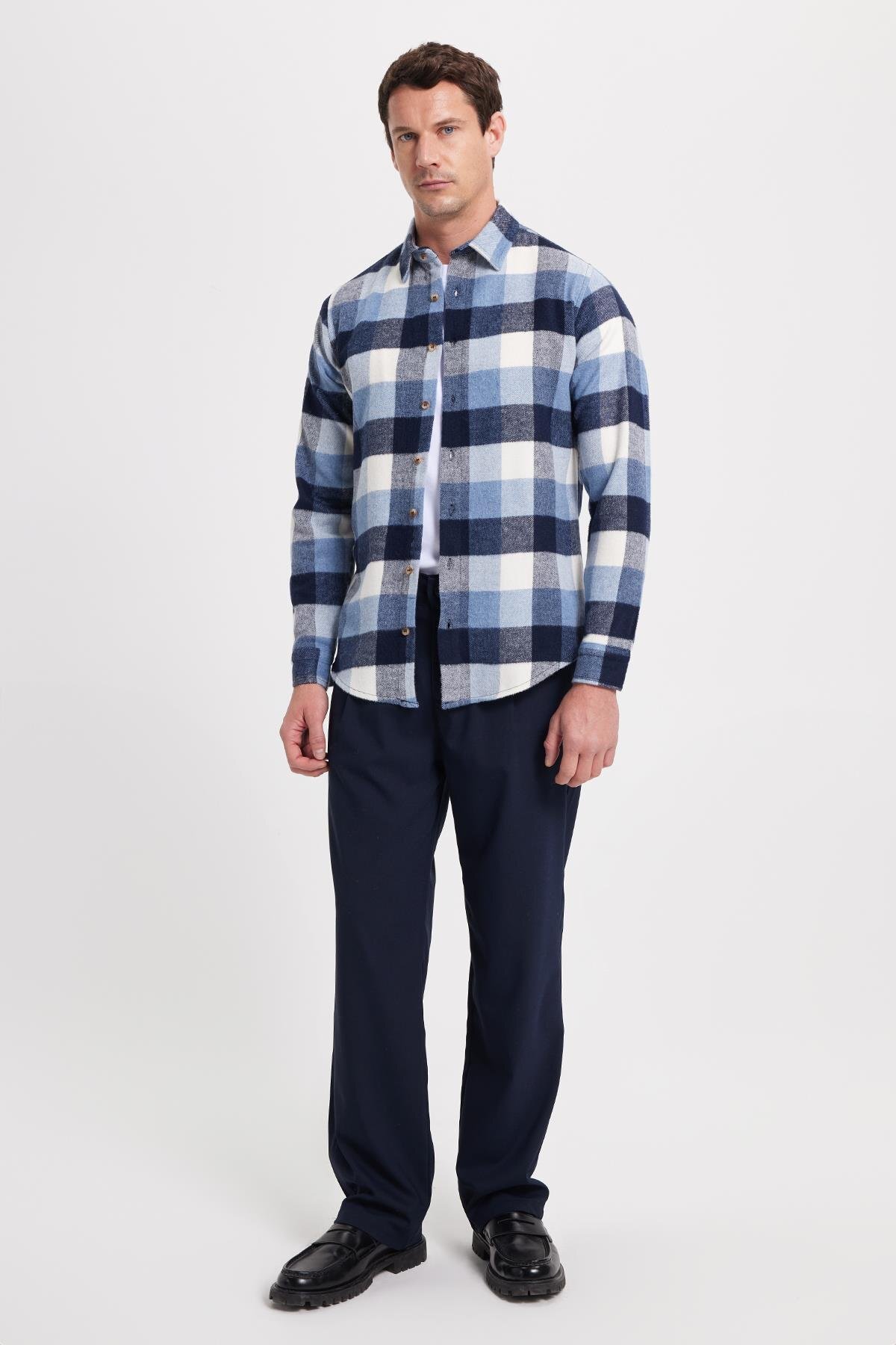 Erkek Slim Fit Dar Kesim Kareli Kışlık Oduncu Gömlek — آبی DR250028-3129 — تصویر 3 از 9
