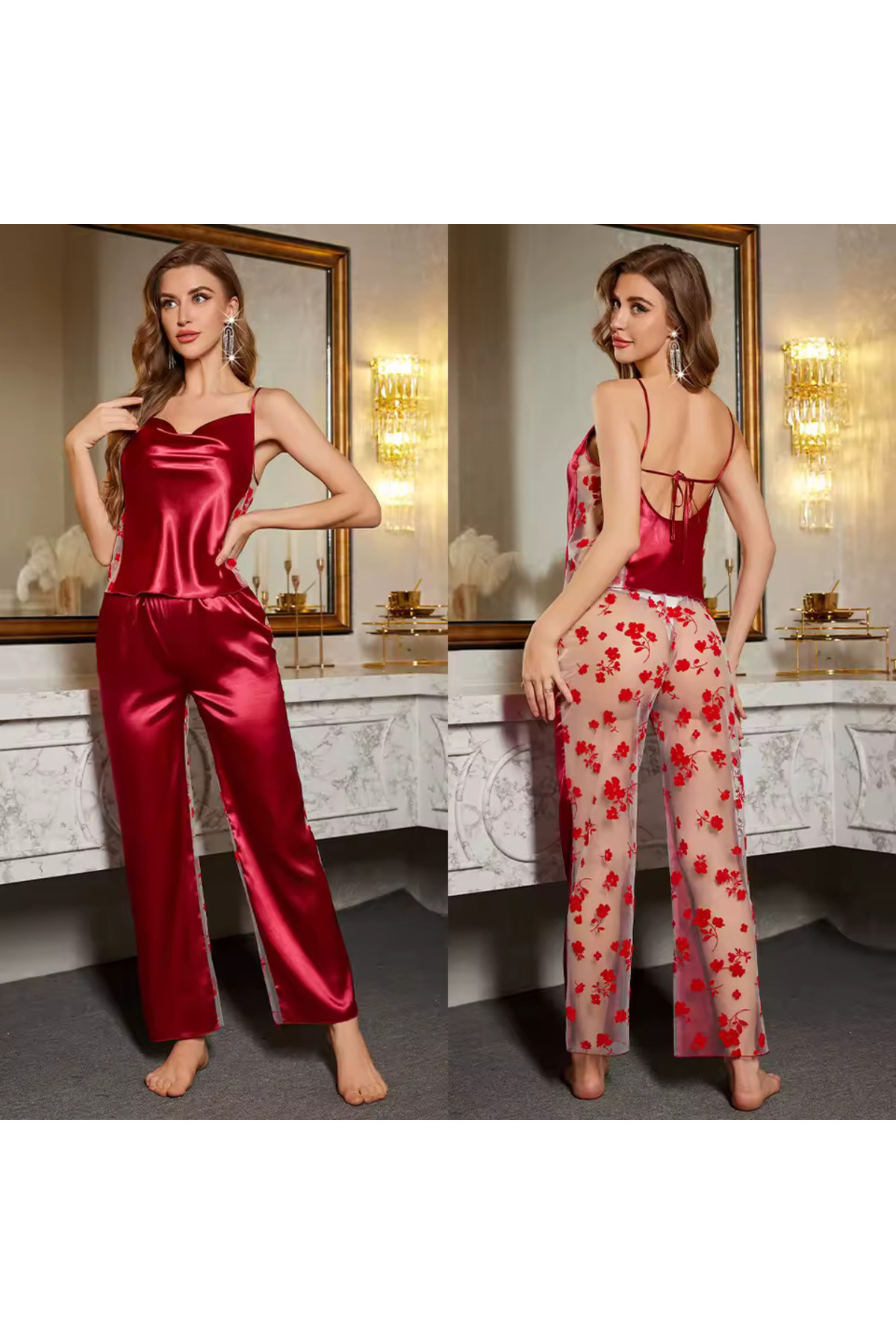 my cherie  Flok Baskılı Kadife Dokulu Saten Pijama Takım