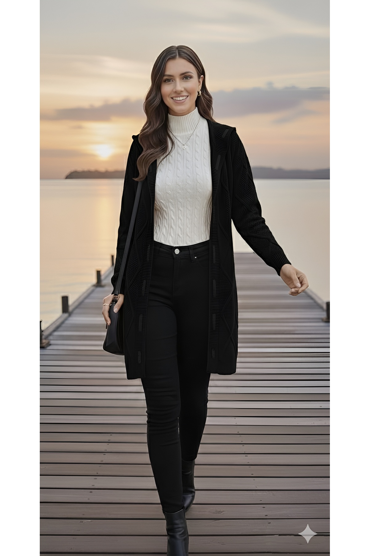 AQE FASHION Kadın Triko Hırka Ceket Siyah Kabartma Desenli Şerit Garnili Uzun Kollu Şapkalı Şık
