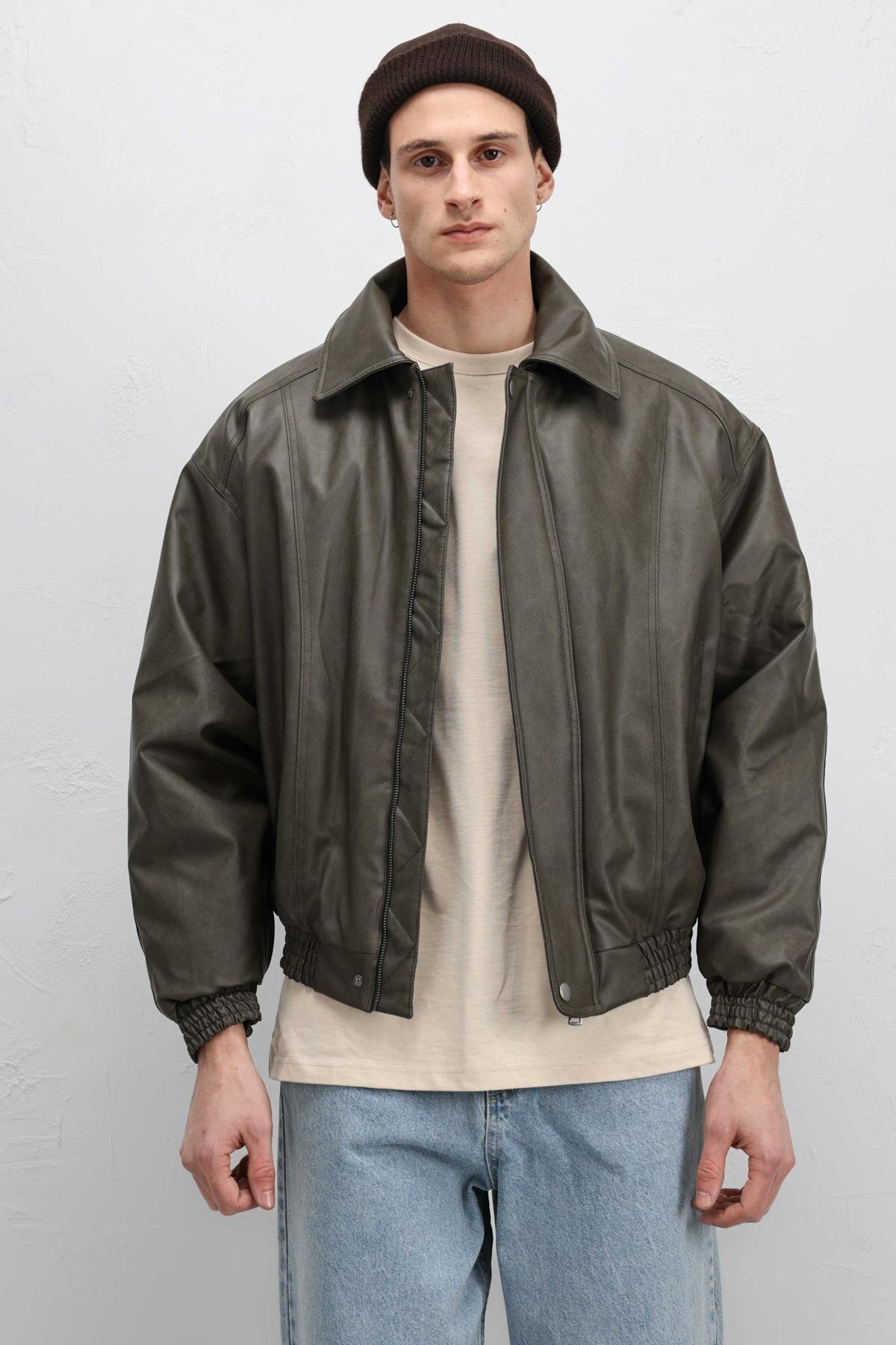 VAMOSCLO Oversize Deri Bomber Ceket Haki