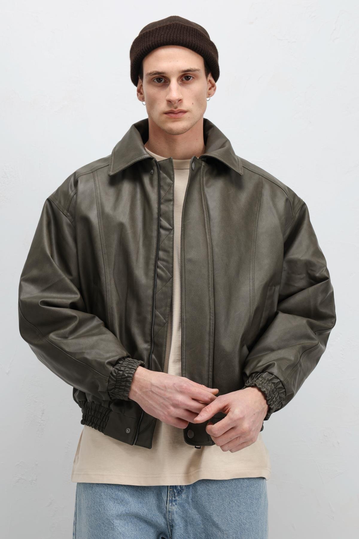 VAMOSCLO Oversize Deri Bomber Ceket Haki görsel 3