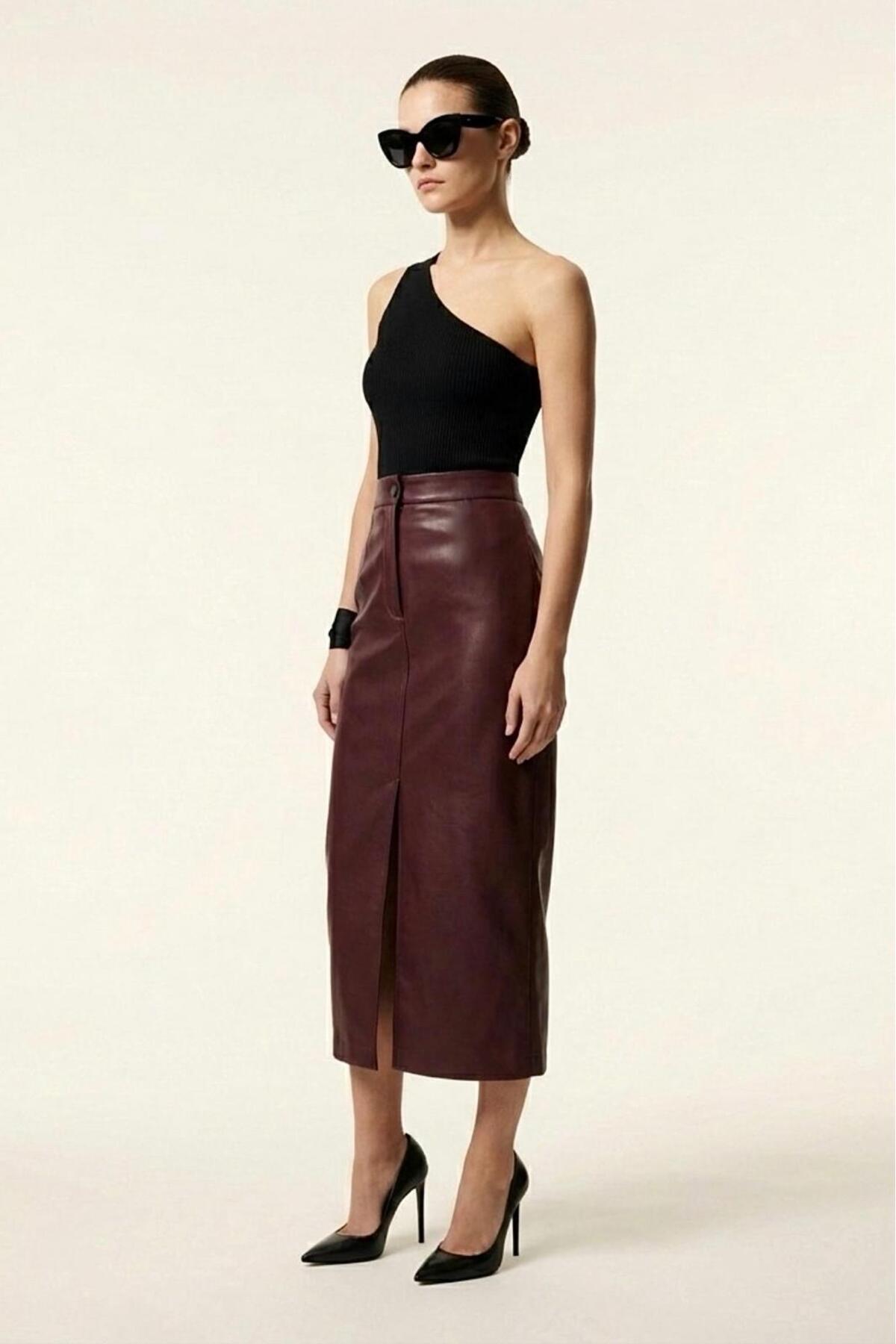 Grenj Fashion Bordo Yırtmaçlı Suni Deri Yüksek Bel Maxi Etek görsel 2