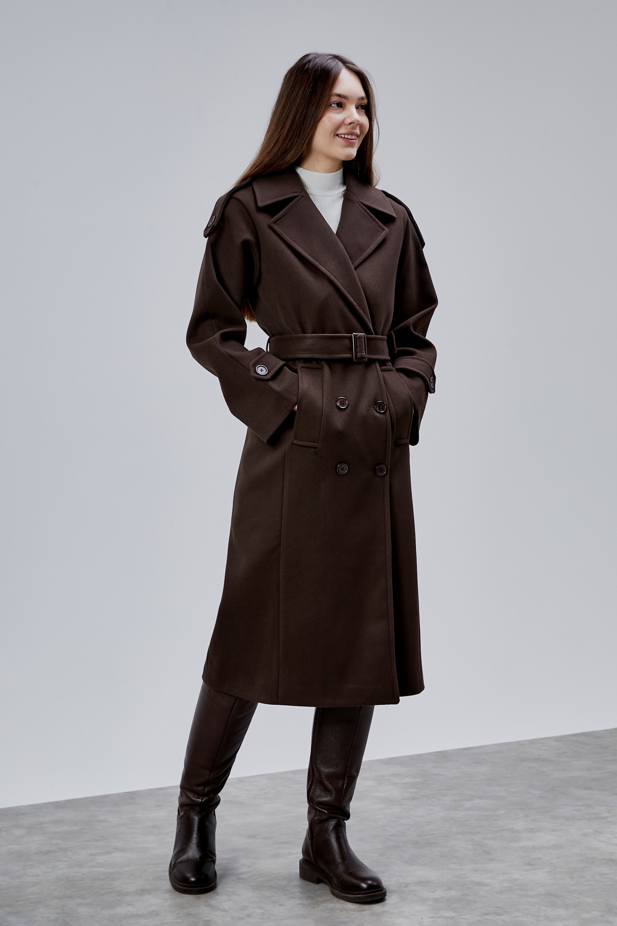 Bolivente  Acı Kahve Regular Apolet Detaylı Kruvaze Kaşe Kaban - Görsel 8