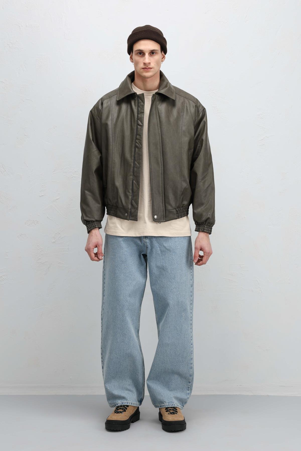 VAMOSCLO Oversize Deri Bomber Ceket Haki görsel 2