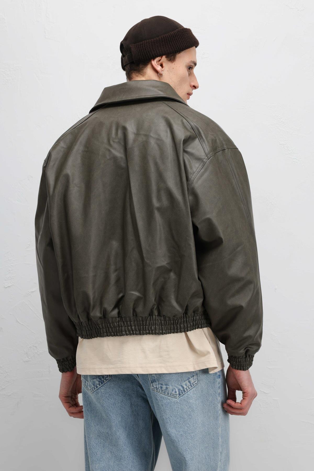 VAMOSCLO Oversize Deri Bomber Ceket Haki görsel 6