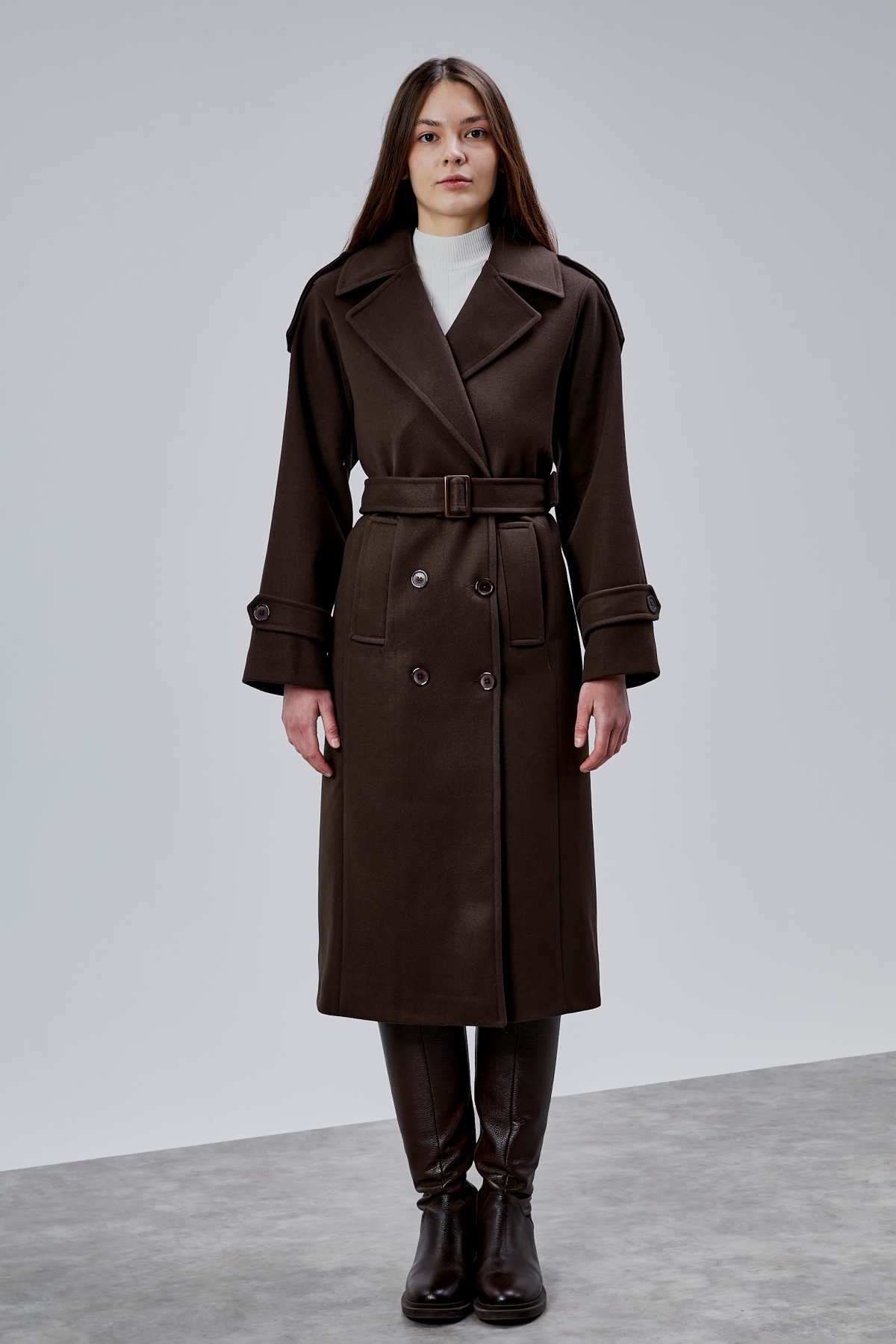 Bolivente  Acı Kahve Regular Apolet Detaylı Kruvaze Kaşe Kaban - Görsel 5