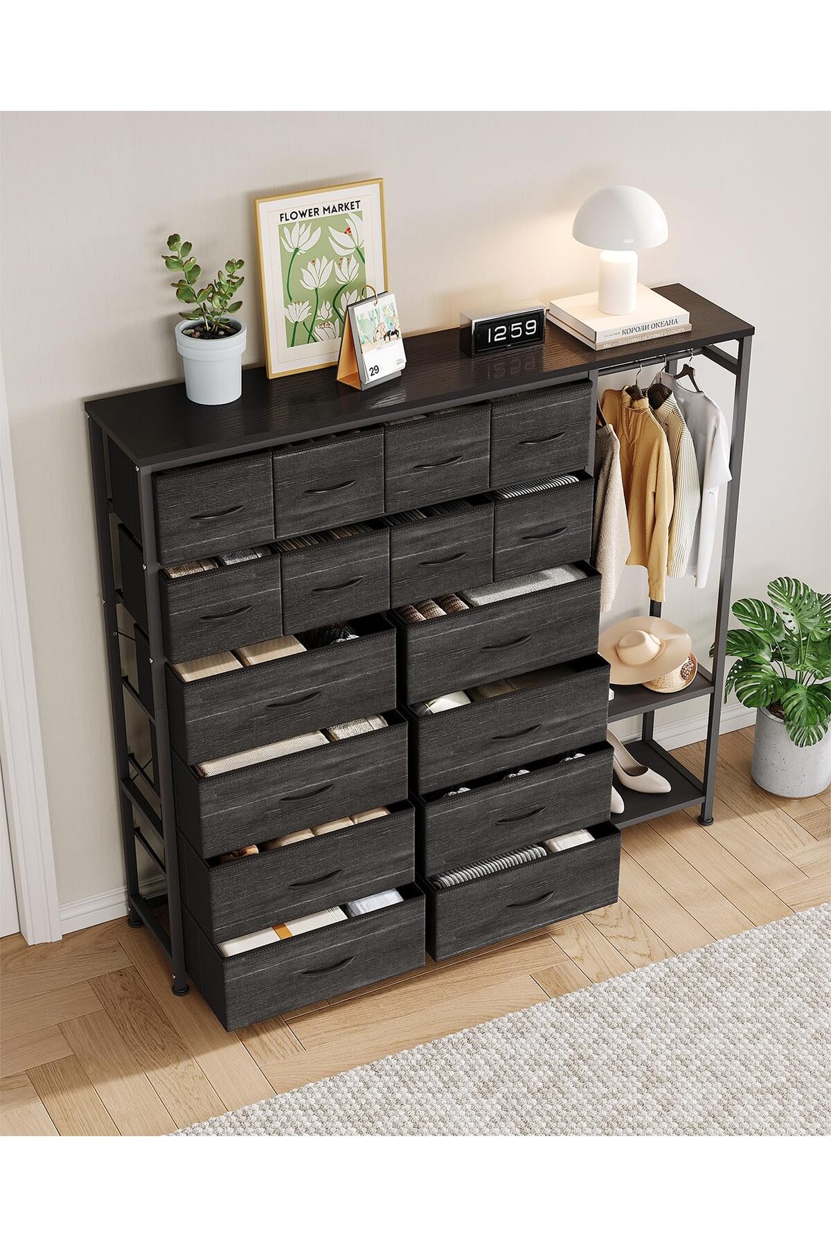 Garvee 16-Drawer Tall Dresser with Clothes Rack Storage Dresser for