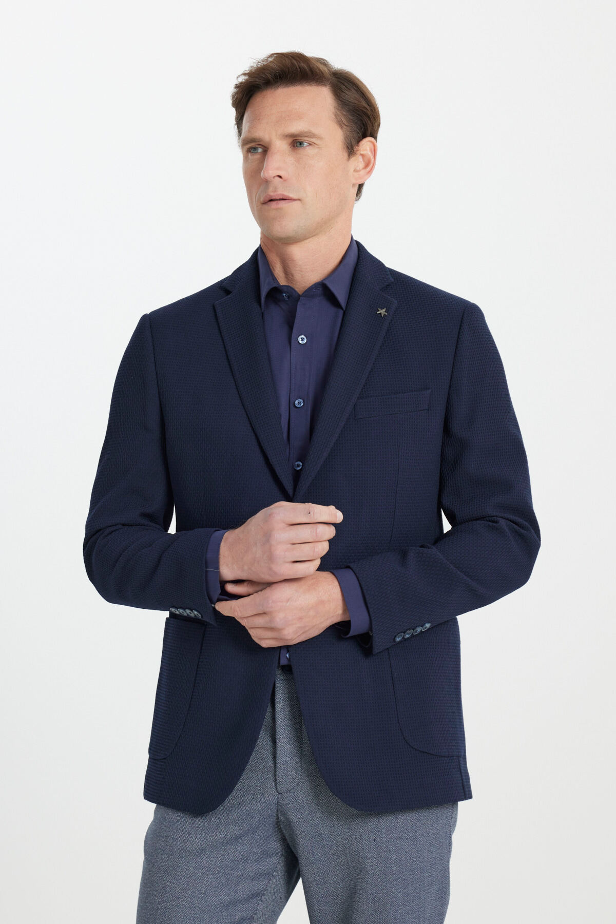 Altınyıldız Classics  Erkek Lacivert Slim Fit Dar Kesim Mono Yaka Gofre Desenli Torba Cepli Ceket