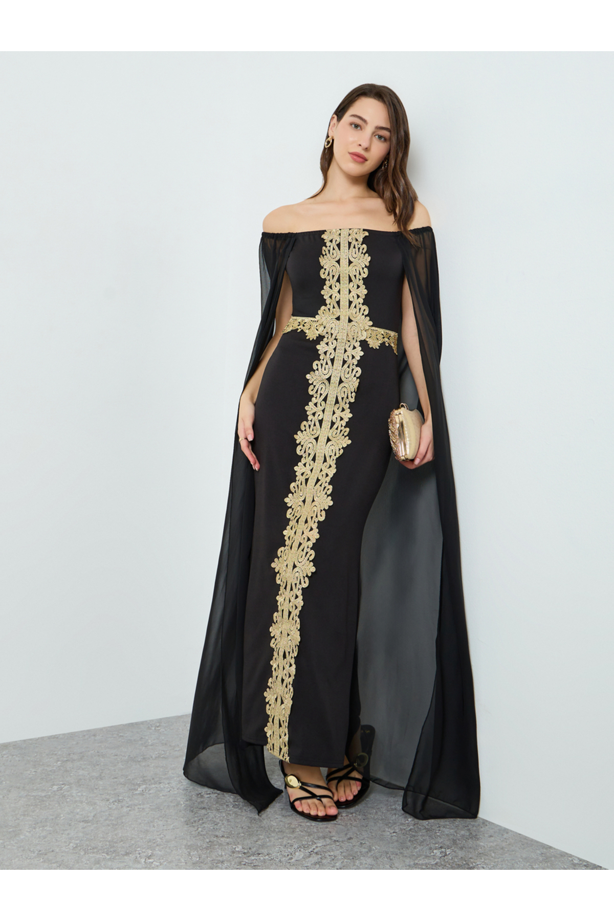 Take Two By Styli Women Black Embroidered Off Shoulder Cape Sleeve Maxi Dress