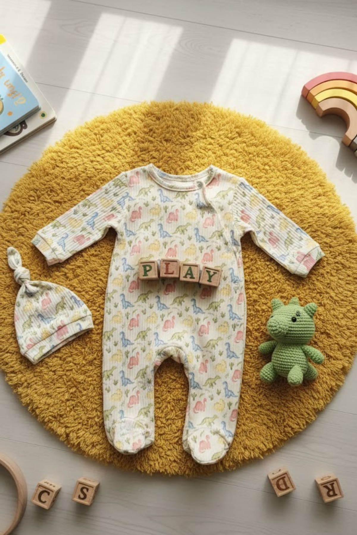 Unisex Bebek Dinozor Desenli Ribana Tulum ve Şapka Takımı