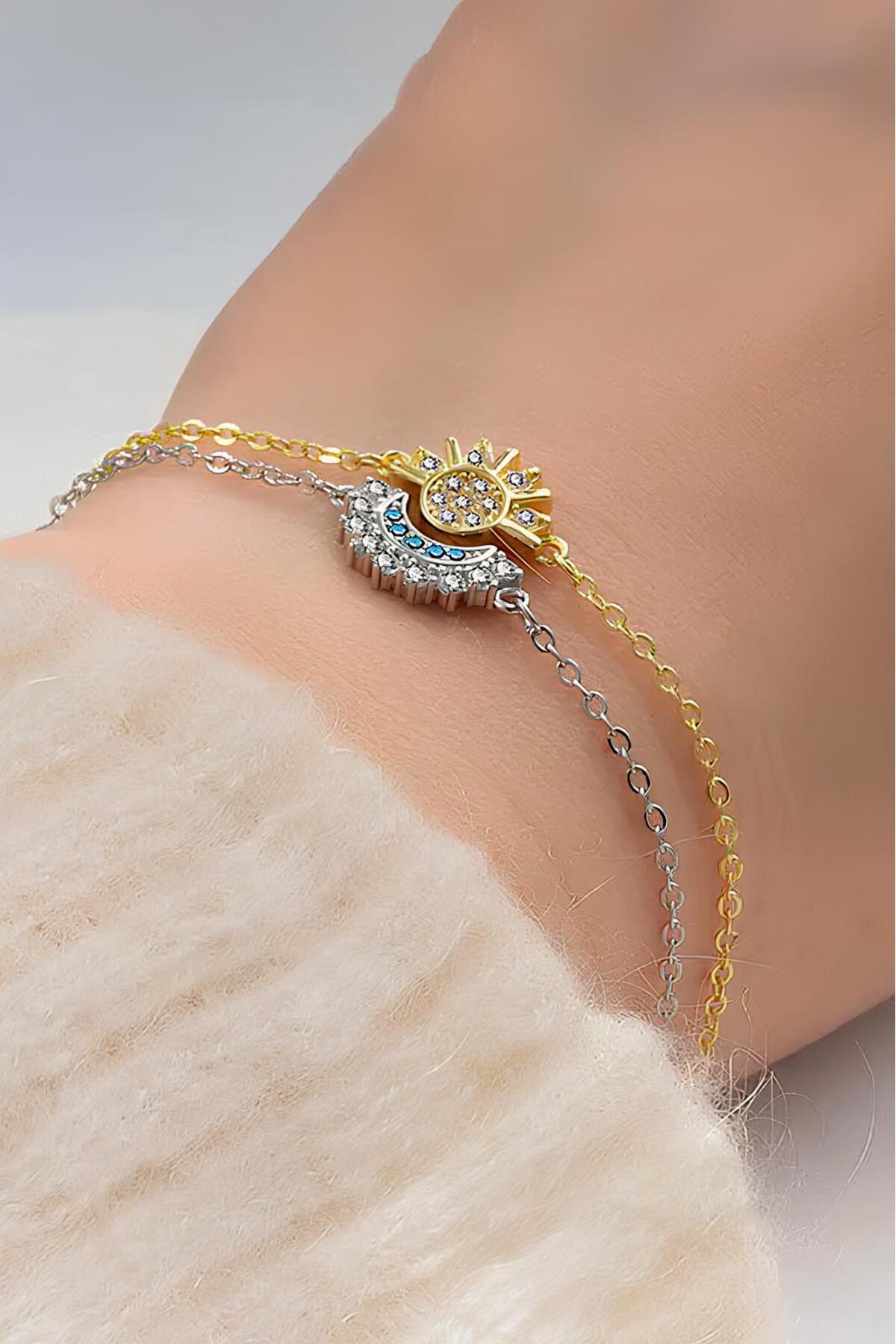 The Collection 2'li Gökyüzü Mavisi Işıltılı Güneş ve Hilal Ay Çift Arkadaşlık Sevgili Bileklik görsel 8