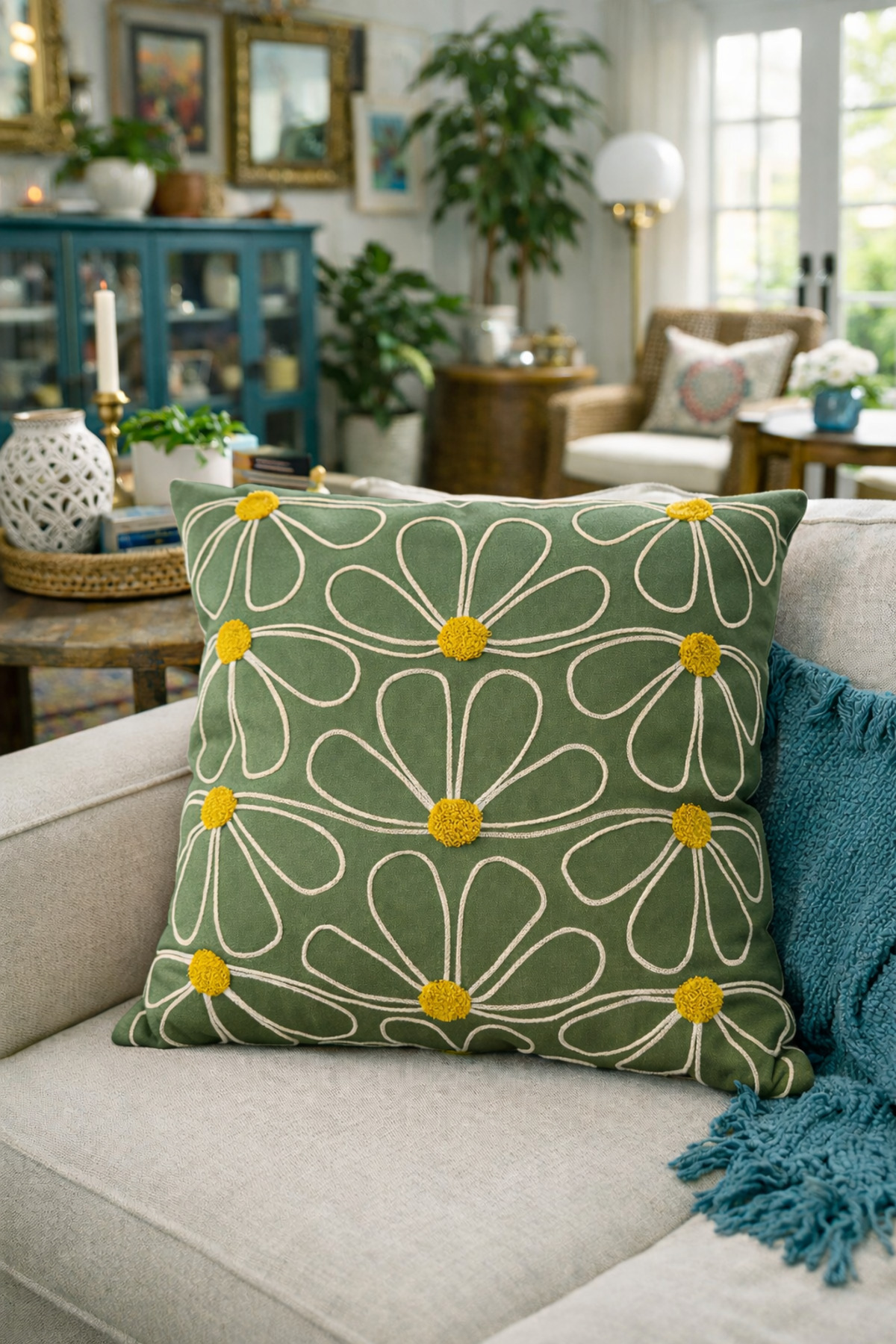 Punch Embroidered Pillowcase - 43*43 Cm - Moldy Green Daisy - PNK001