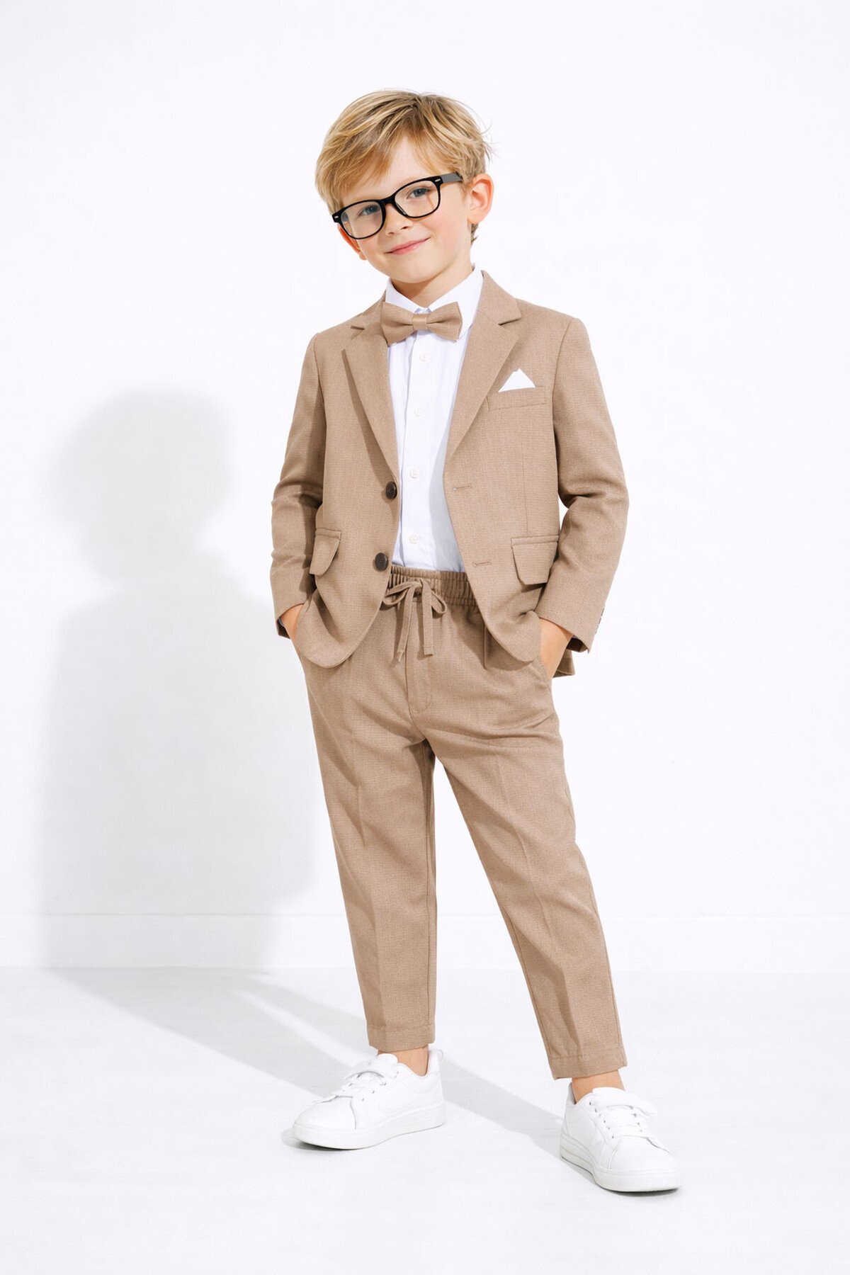 Cansın Mini Brown Linen Jacket and Pants Boys' 4-Piece Suit with Bow Tie 23523