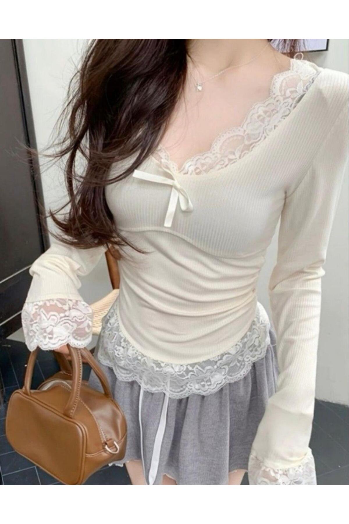 İsra Ayyıldız Moonstar Collection Vintage Y2k Dantel Detaylı Uzun Kollu Basic Bluz görsel 4