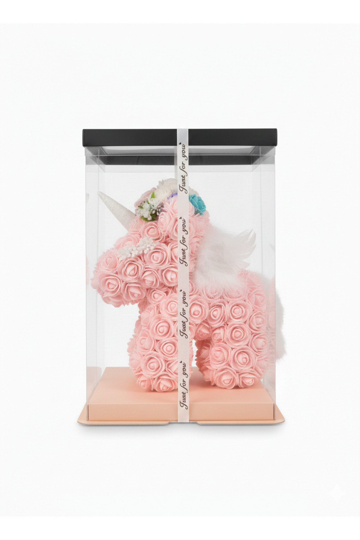 Unicorn roz din trandafiri artificiali  Cadou romantic premium in cutie transparenta