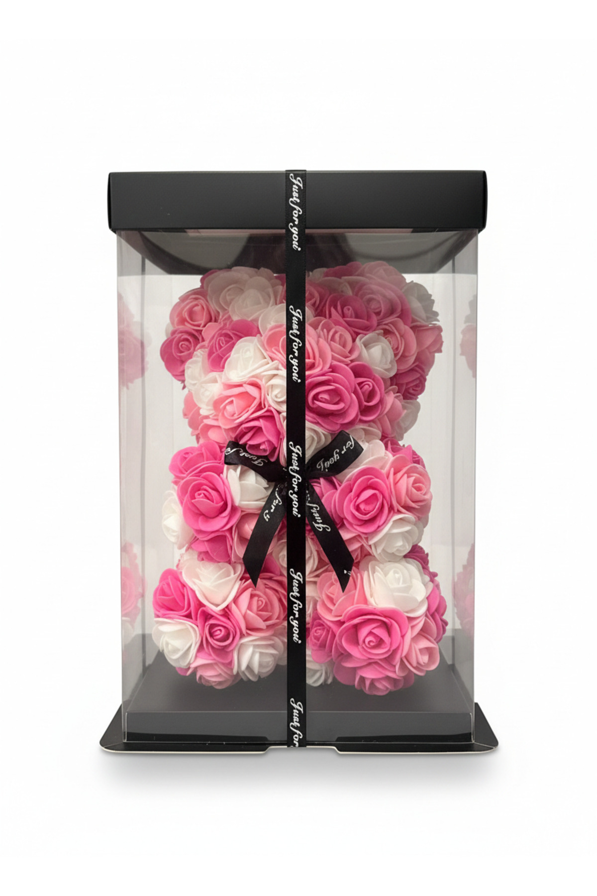 Ursulet alb cu trandafiri artificiali roz  Cadou romantic premium in cutie transparenta