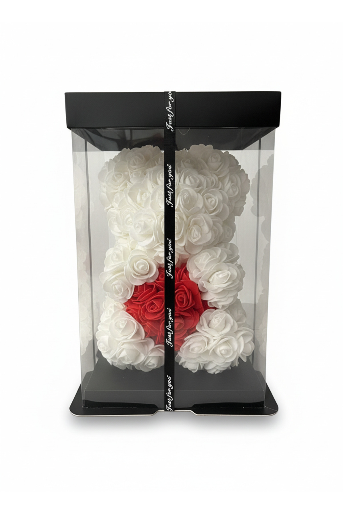 Ursulet alb din trandafiri artificiali  Cadou romantic premium intr-o cutie transparenta
