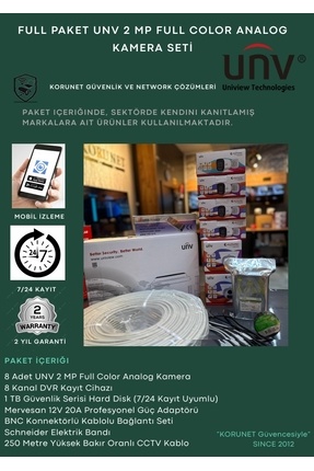 UNV 8 Kameralı 2 MP Full Color Analog Güvenlik Kamera Seti