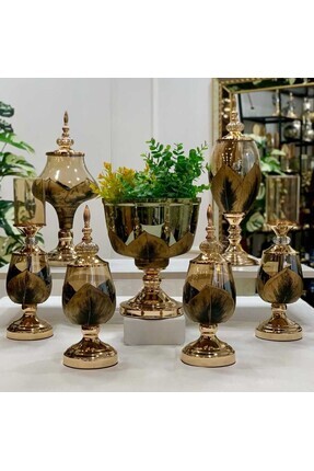 city gold 7 Parça Salon Takımı Konsol Aksesuar Seti Yaprak Gold Dekoratif