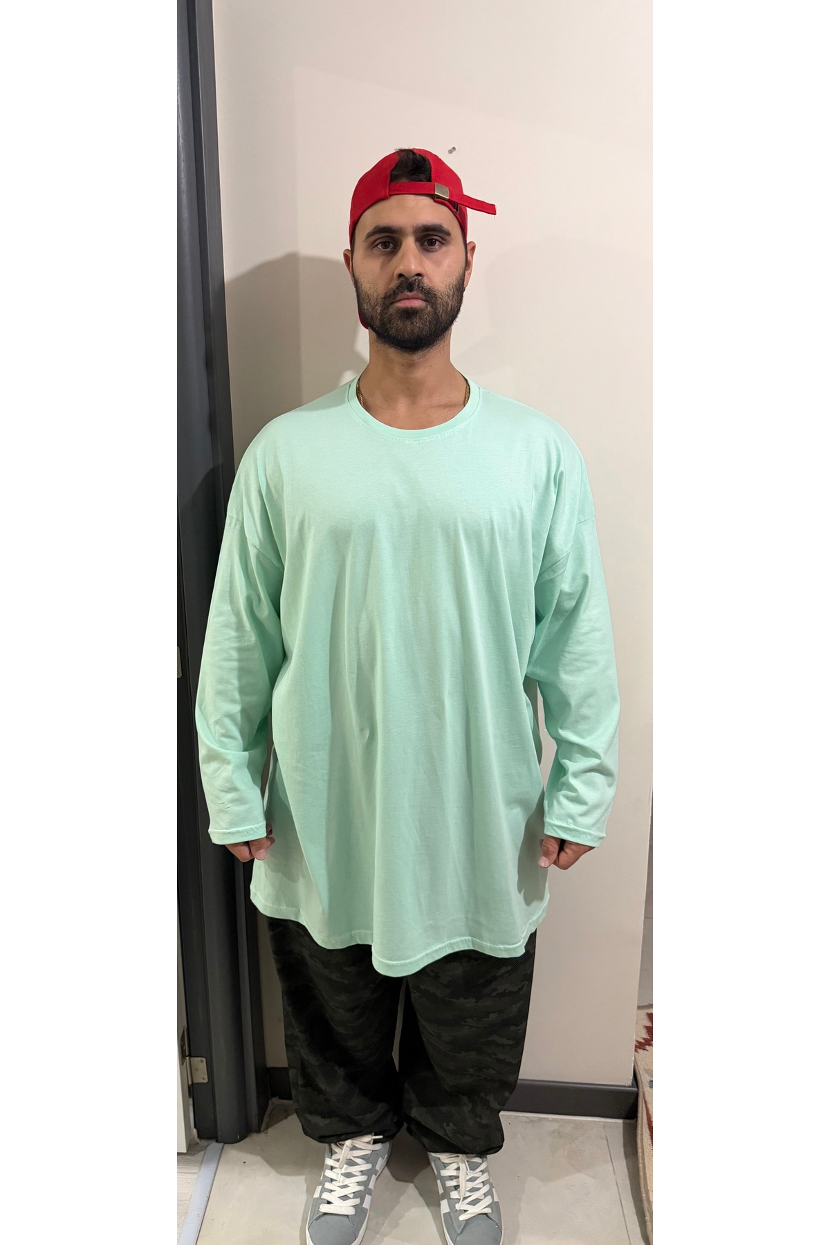 Bas Body FitnessWear Su Yeşili Büyük Battal Beden Suprem Kumaş Oversize Bisiklet Yaka Uzun Kollu Tişört görsel 2