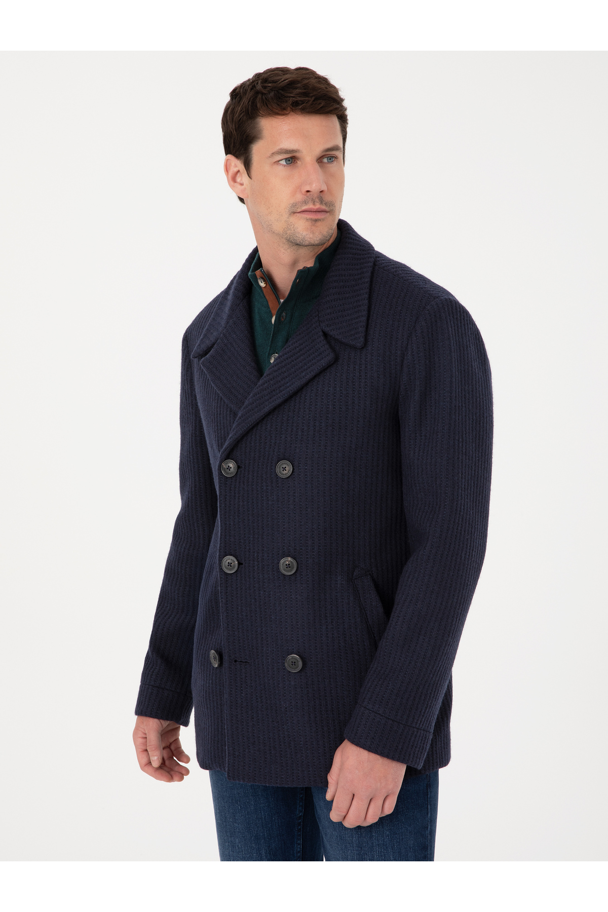 Cacharel Lacivert Slim Fit Yün Karışımlı Kruvaze Kaşe Kaban 50309909-VR033 görsel 3