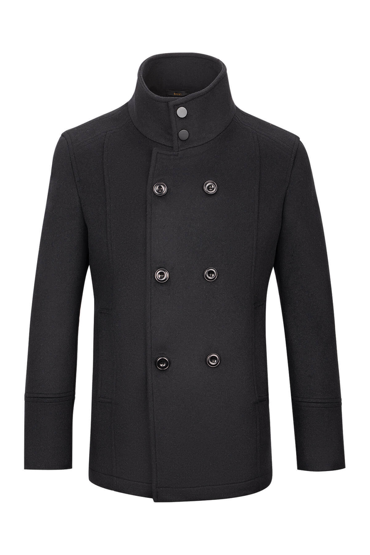 Hatemoğlu Siyah Slim Fit Kruvaze Yünlü Kaşe Kaban