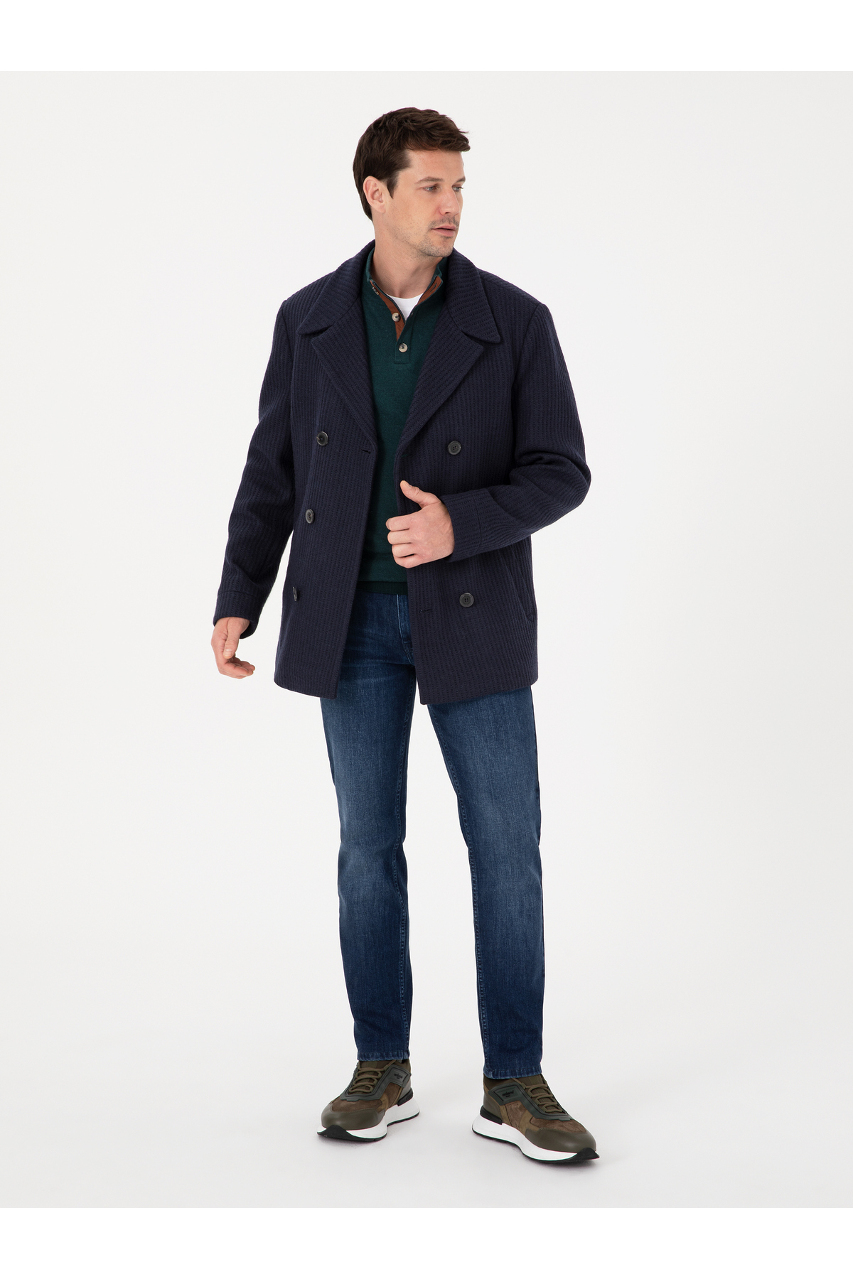 Cacharel Lacivert Slim Fit Yün Karışımlı Kruvaze Kaşe Kaban 50309909-VR033 görsel 4