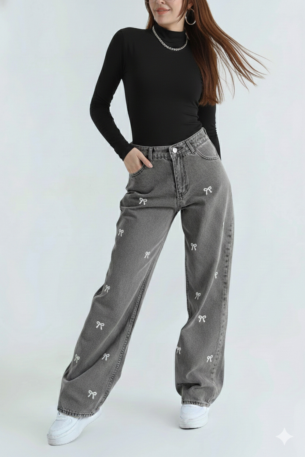 sion jeans  Fiyonk Detaylı Gri Siyah Yıkma Palazzo Salaş Kadın Kot Pantolon Jean - Görsel 2