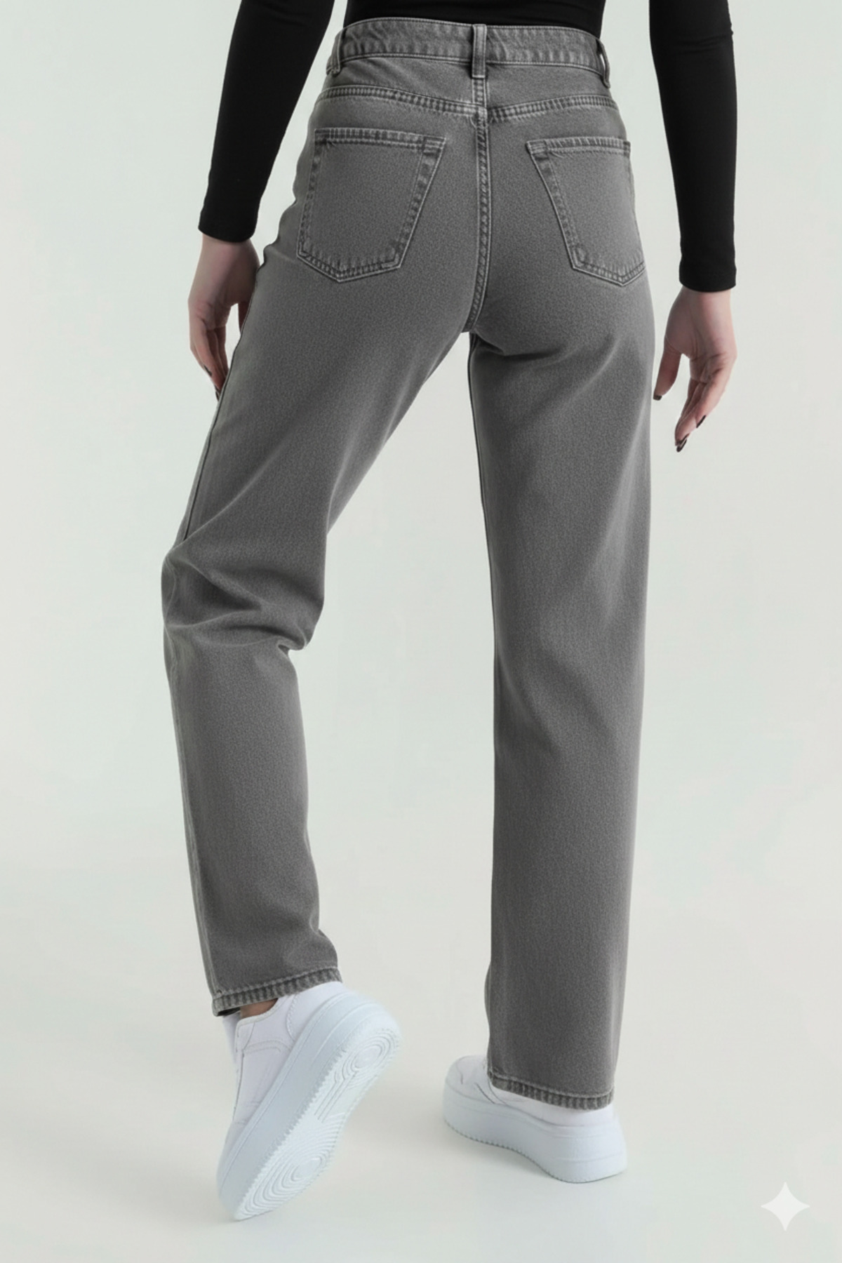 sion jeans  Fiyonk Detaylı Gri Siyah Yıkma Palazzo Salaş Kadın Kot Pantolon Jean - Görsel 5